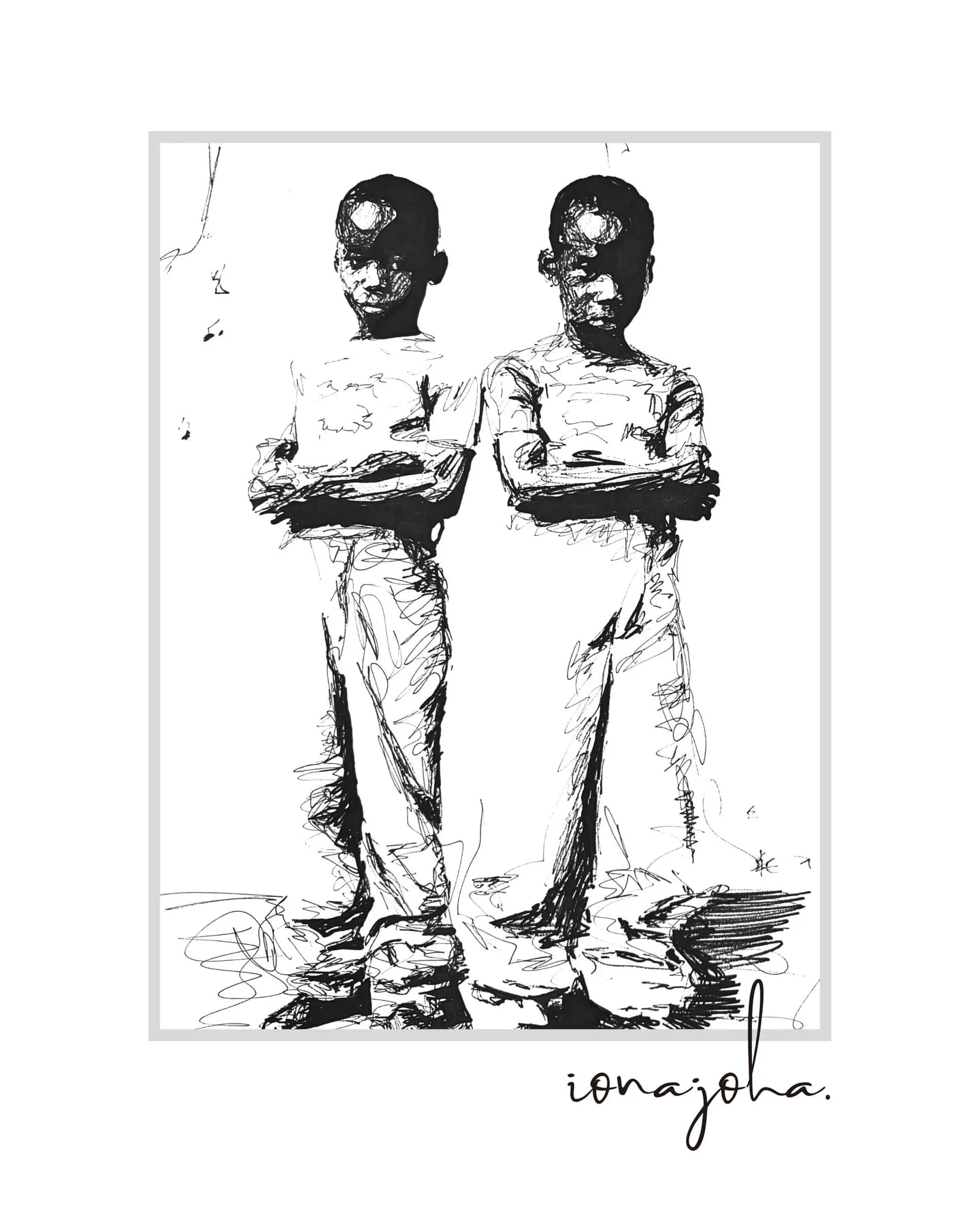 Ink drawing of two young boys standing with arms crossed