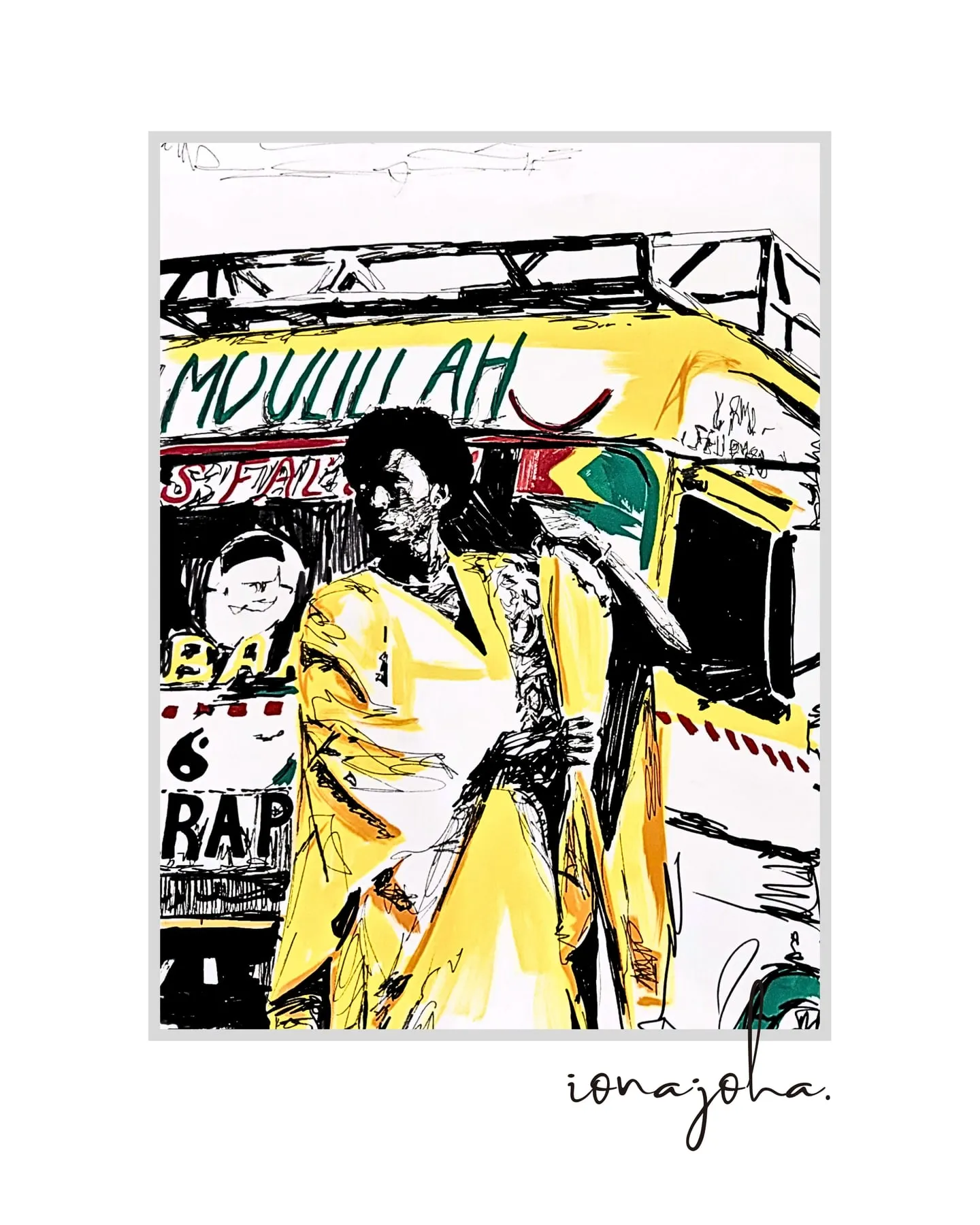 Ink drawing of a woman in a yellow dress in front of a painted bus