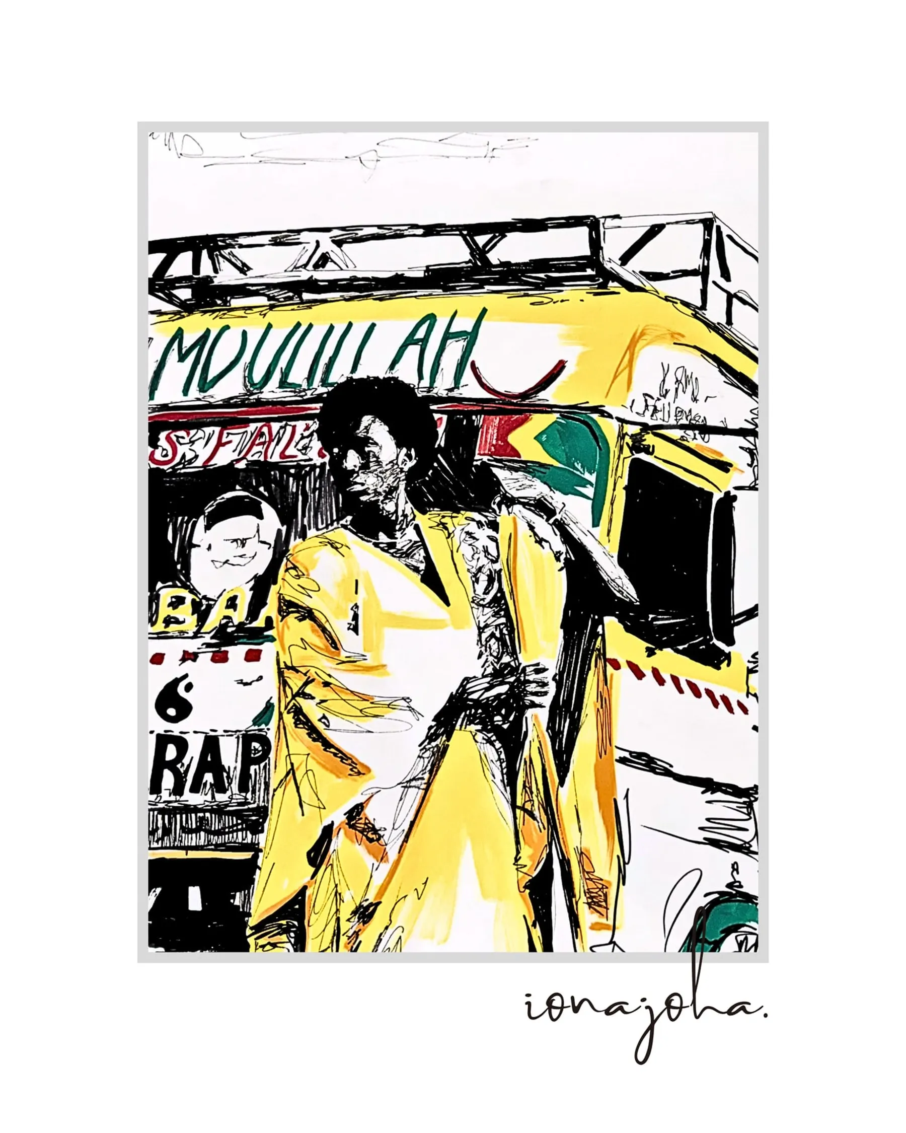 Ink drawing of a woman in a yellow dress in front of a painted bus
