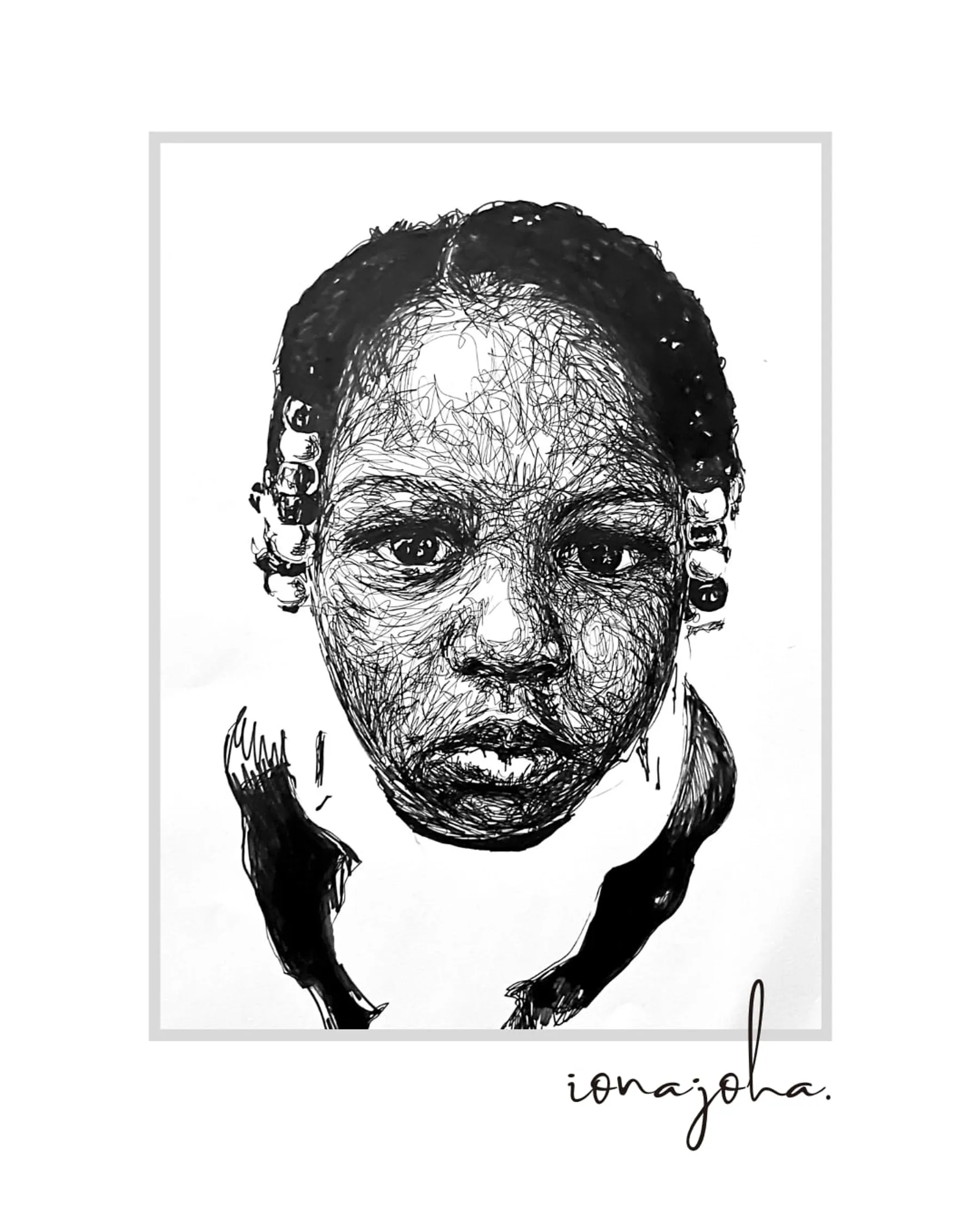 Ink portrait of a child with beaded hair