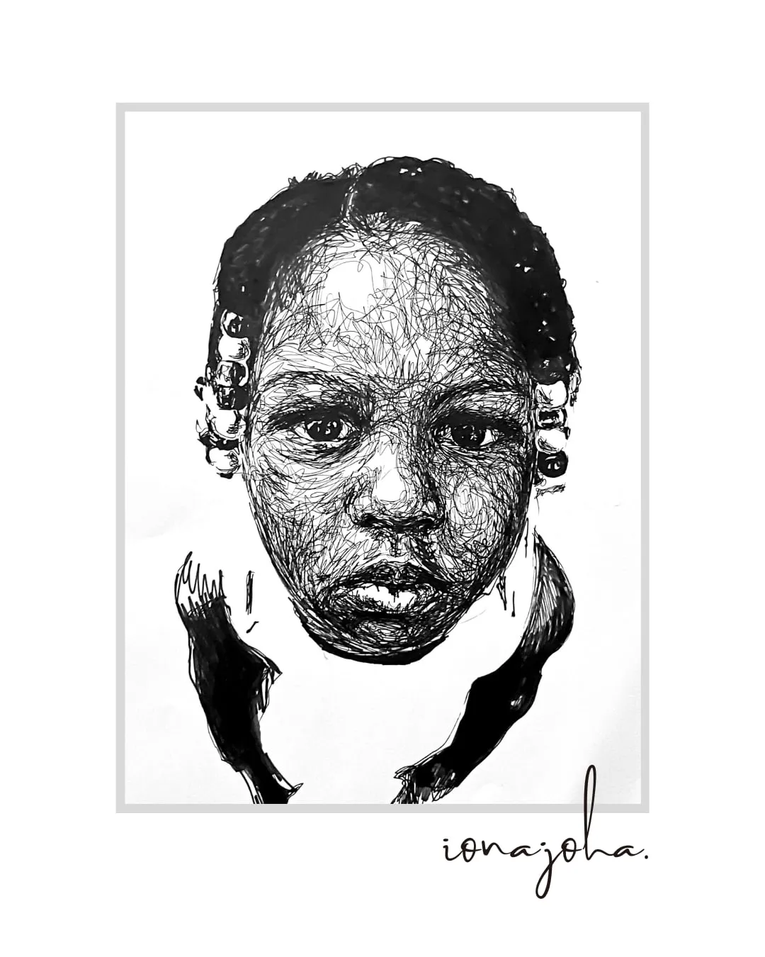Ink portrait of a child with beaded hair