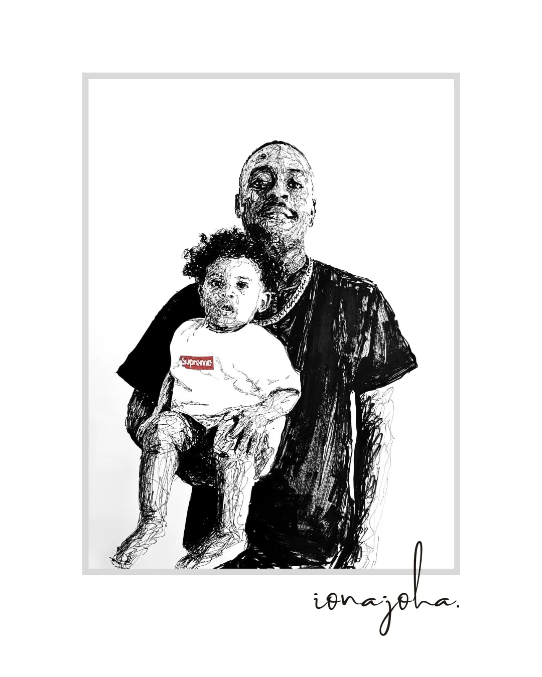 Ink drawing of a man holding a toddler on his lap