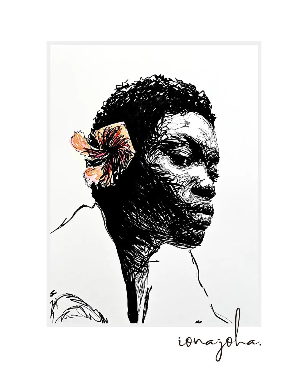 Ink portrait in profile of a man with a hibiscus flower behind his ear