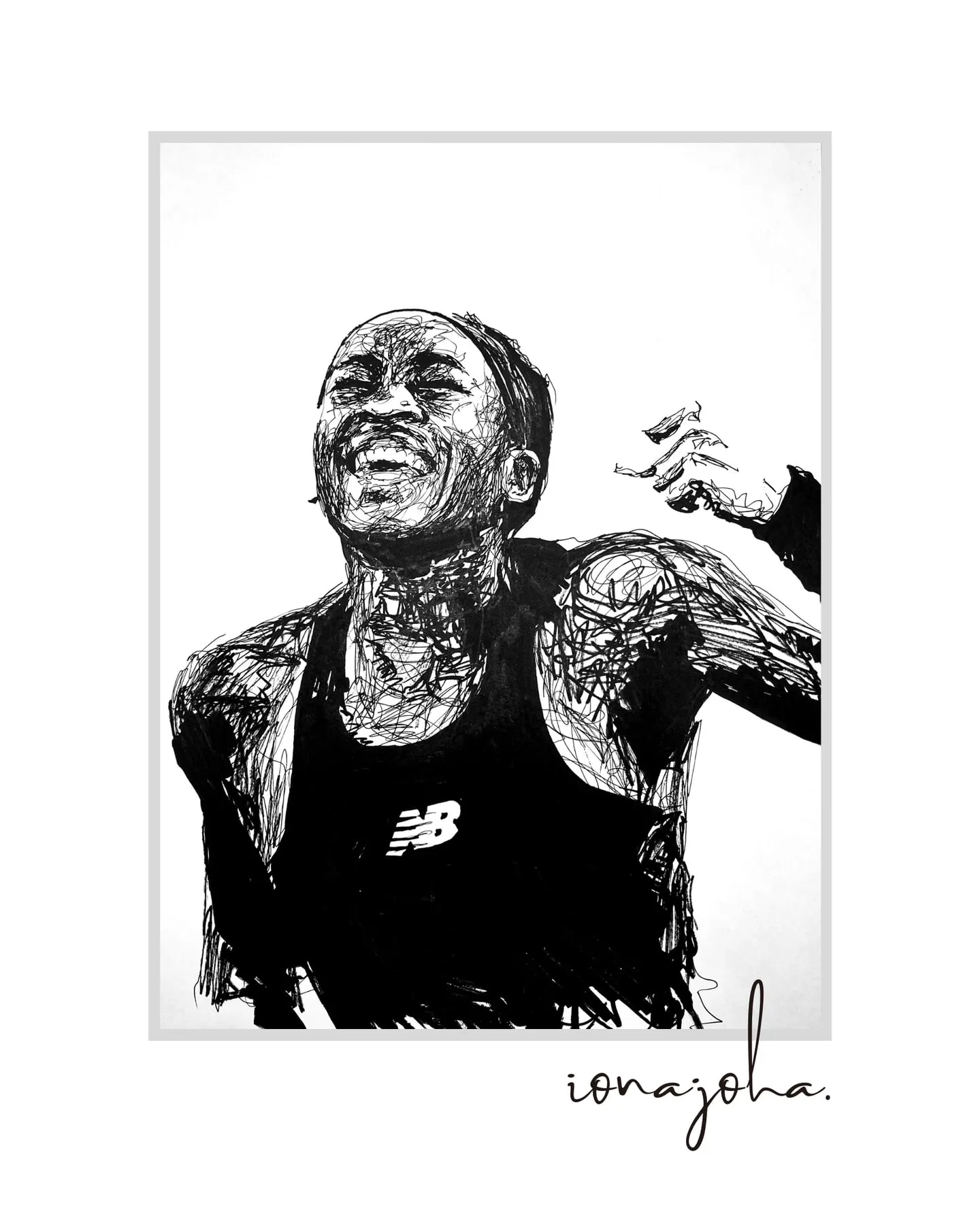 Ink portrait of a man laughing in sportswear, one hand raised