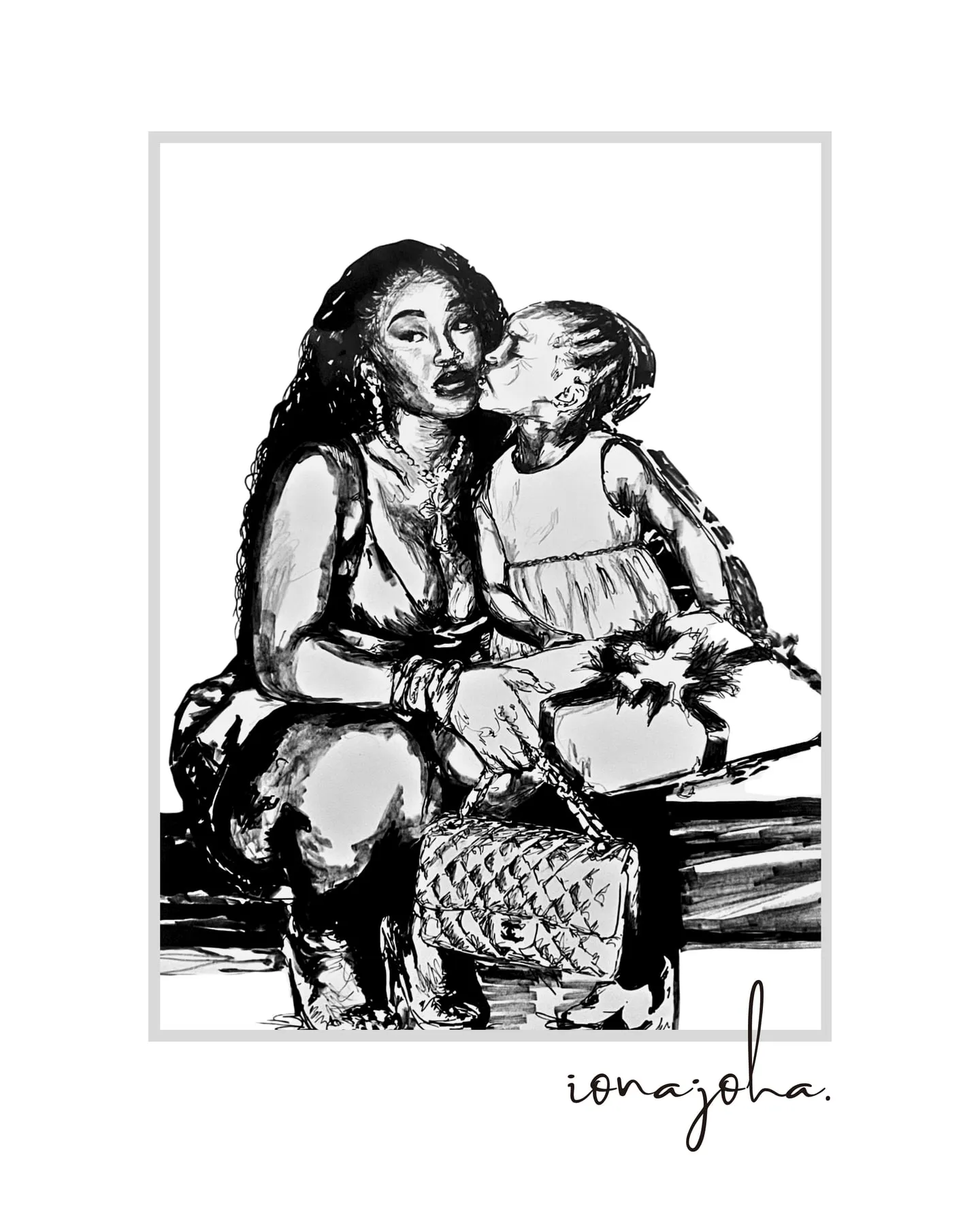 Ink drawing of a woman kissing a child seated on her lap