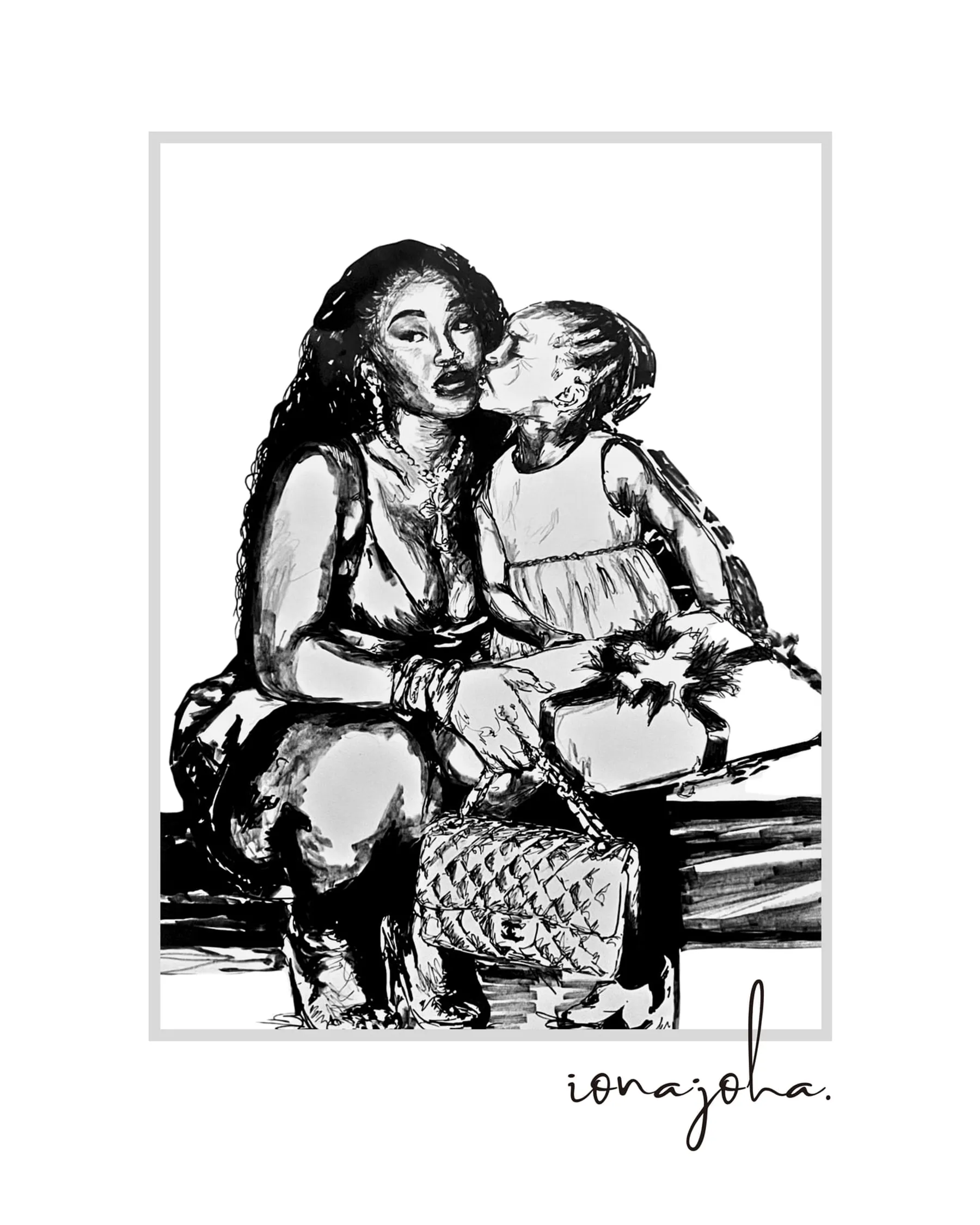 Ink drawing of a woman kissing a child seated on her lap