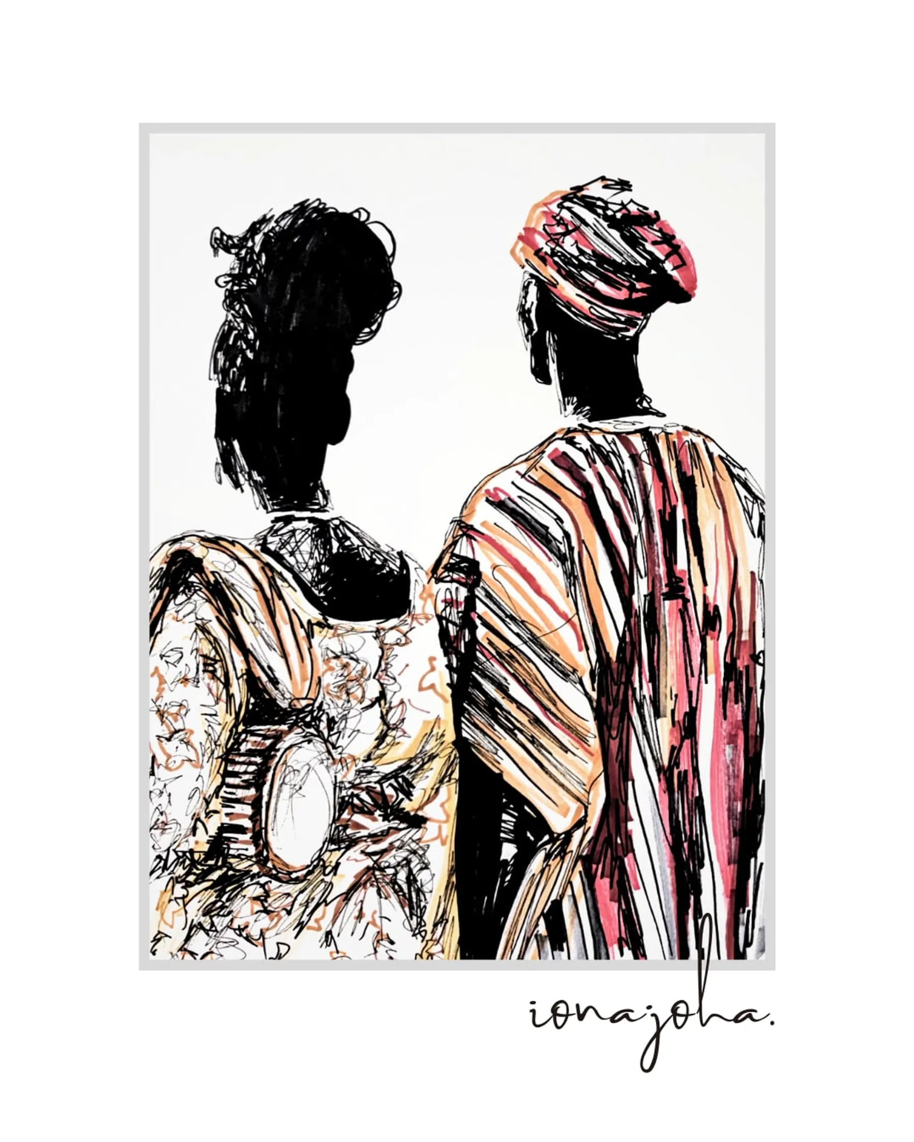Ink drawing of two women in patterned dress, seen from behind