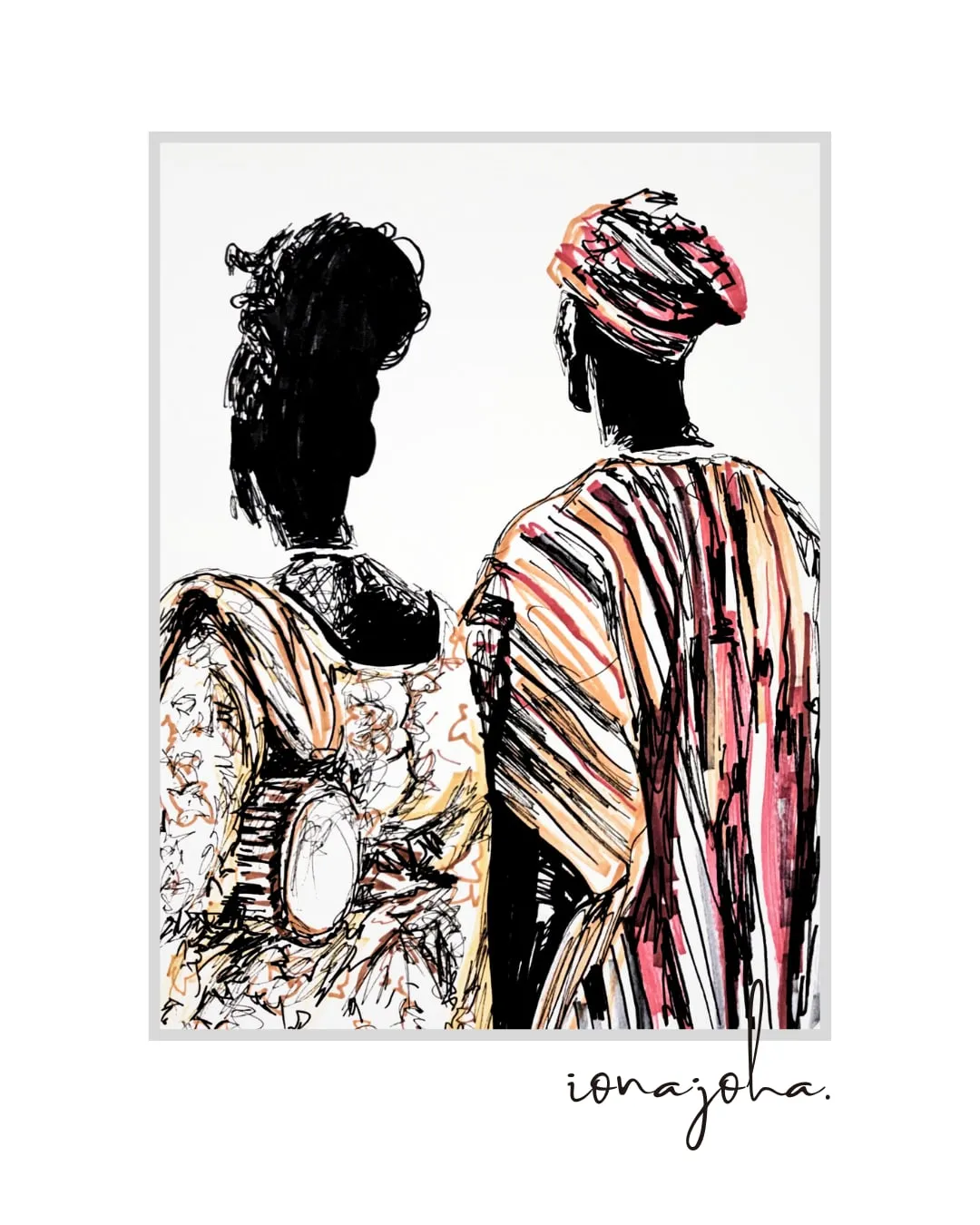 Ink drawing of two women in patterned dress, seen from behind