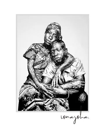 Ink drawing of a woman embracing a child