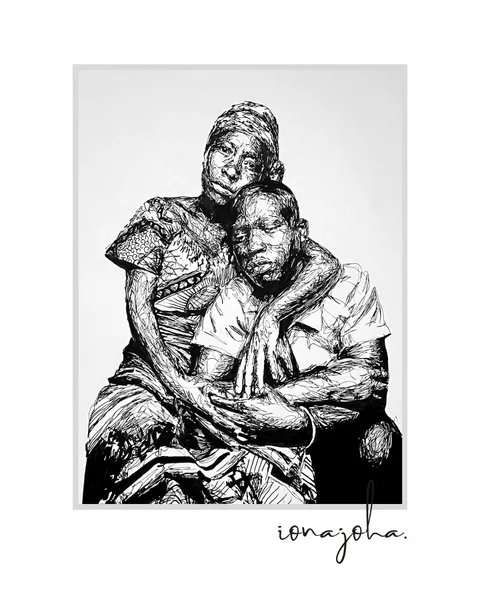 Ink drawing of a woman embracing a child