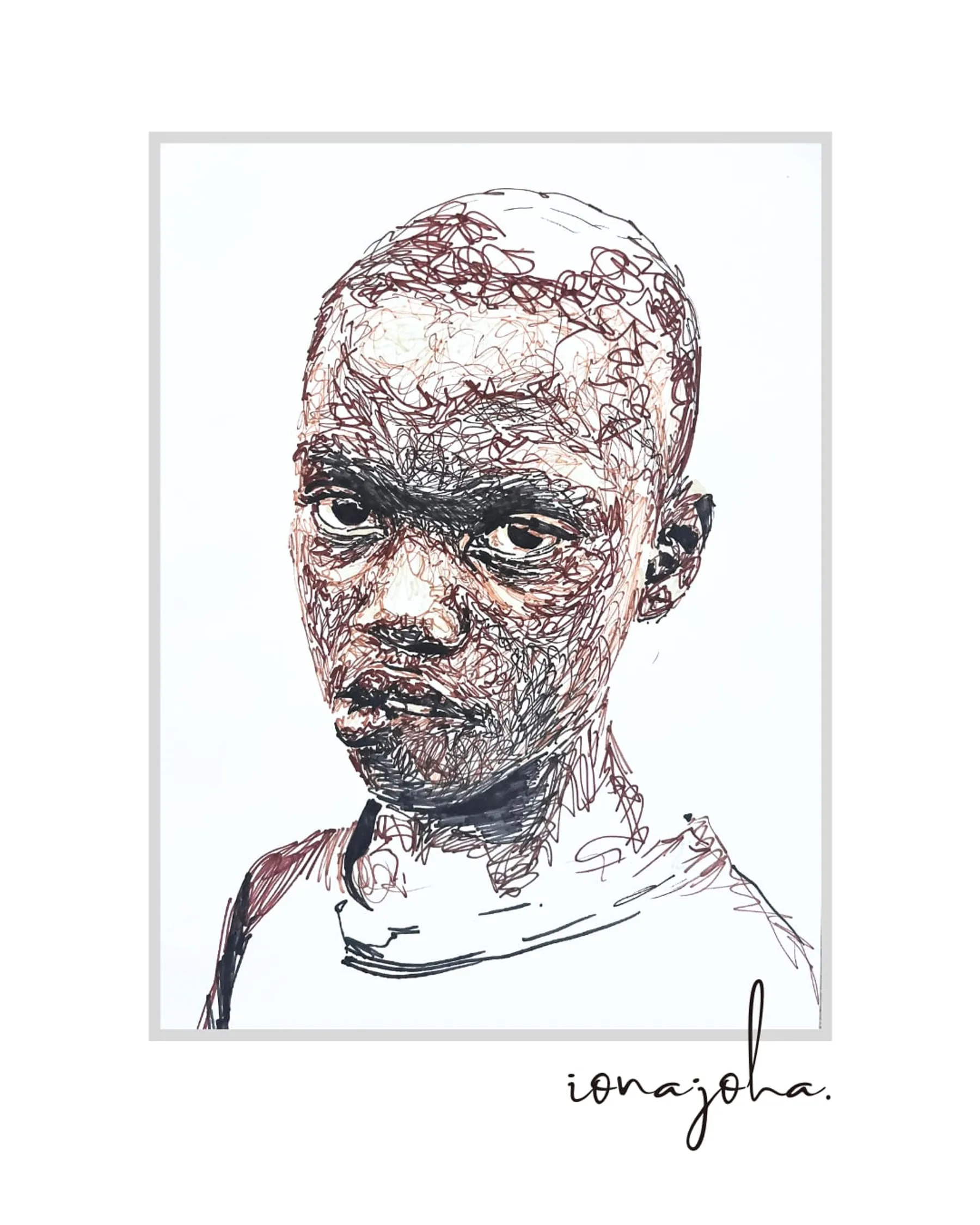 Portrait of a child drawn in warm brown ink