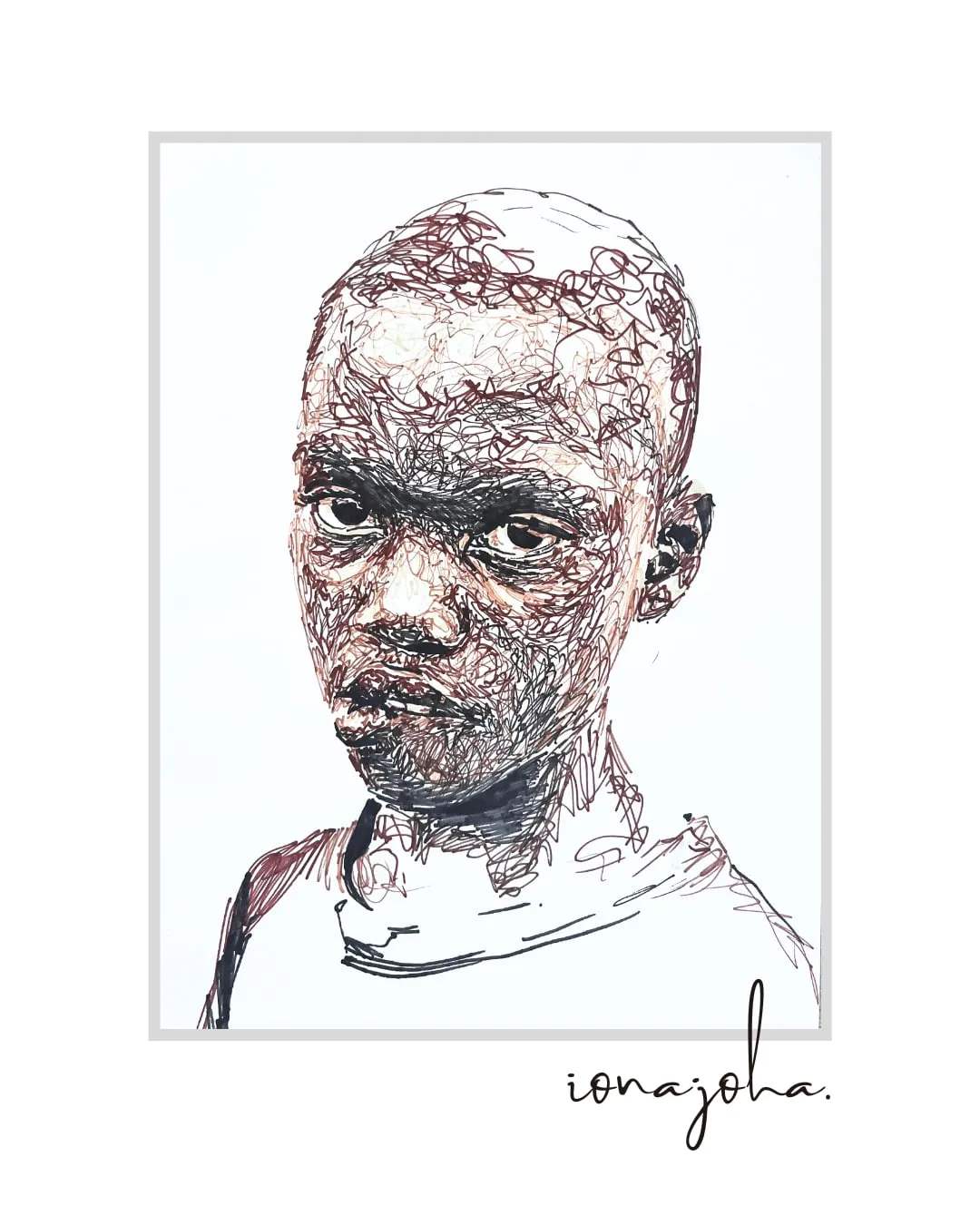 Portrait of a child drawn in warm brown ink