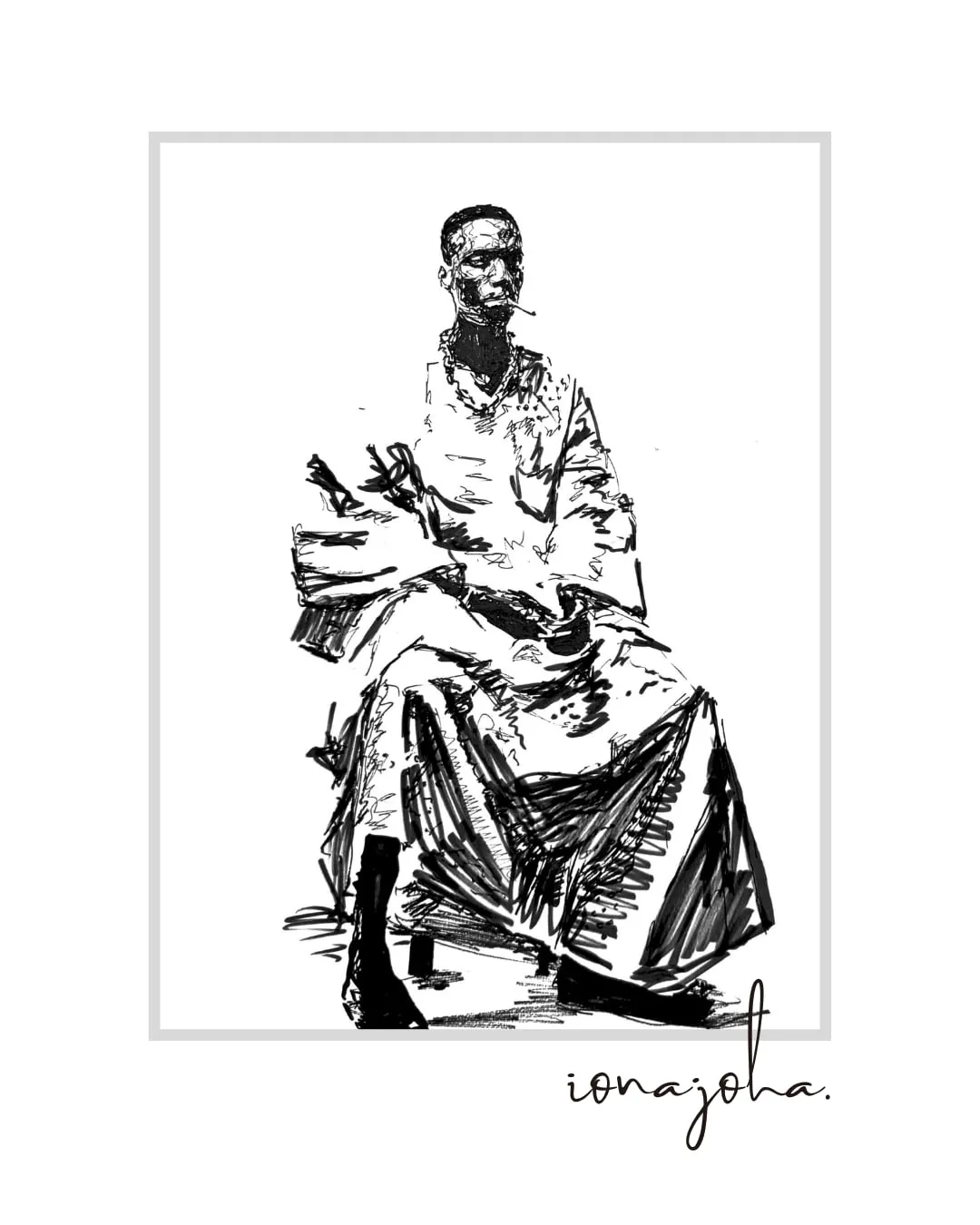 Ink drawing of a seated man in flowing robes