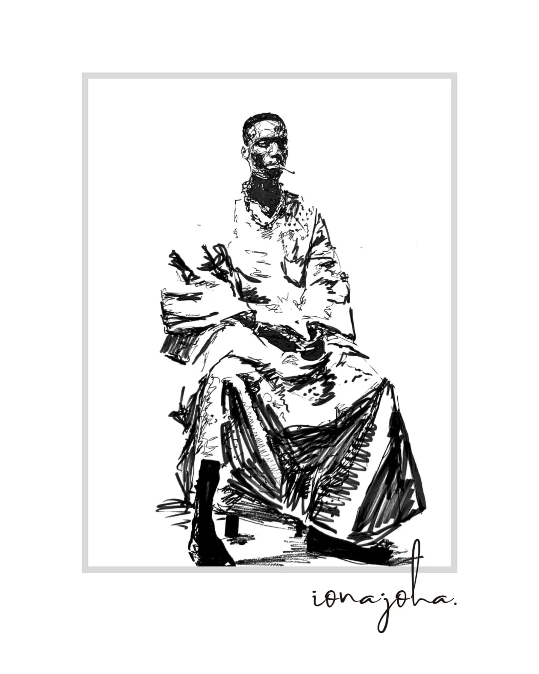 Ink drawing of a seated man in flowing robes