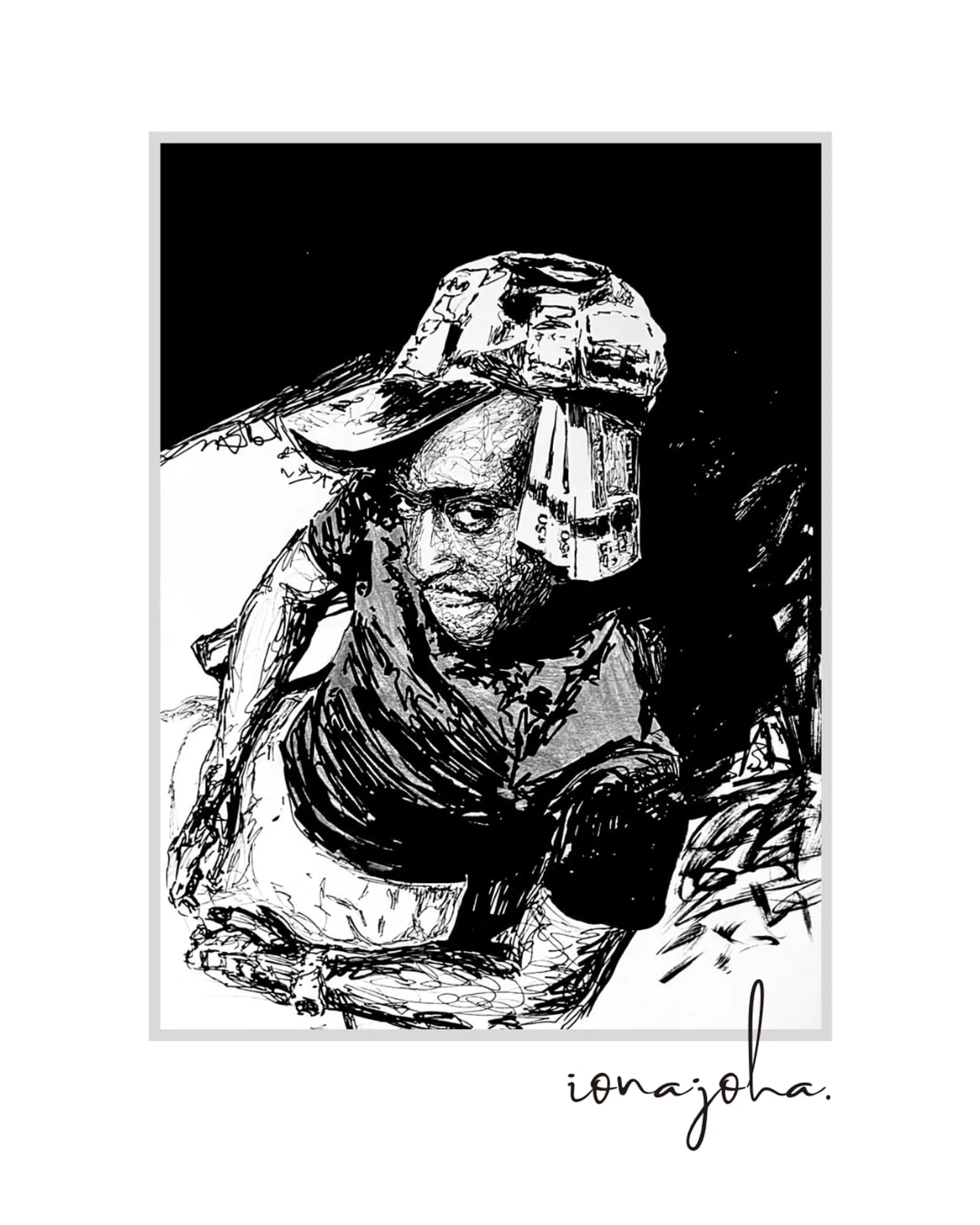 Ink drawing of a figure in a cap, crouching