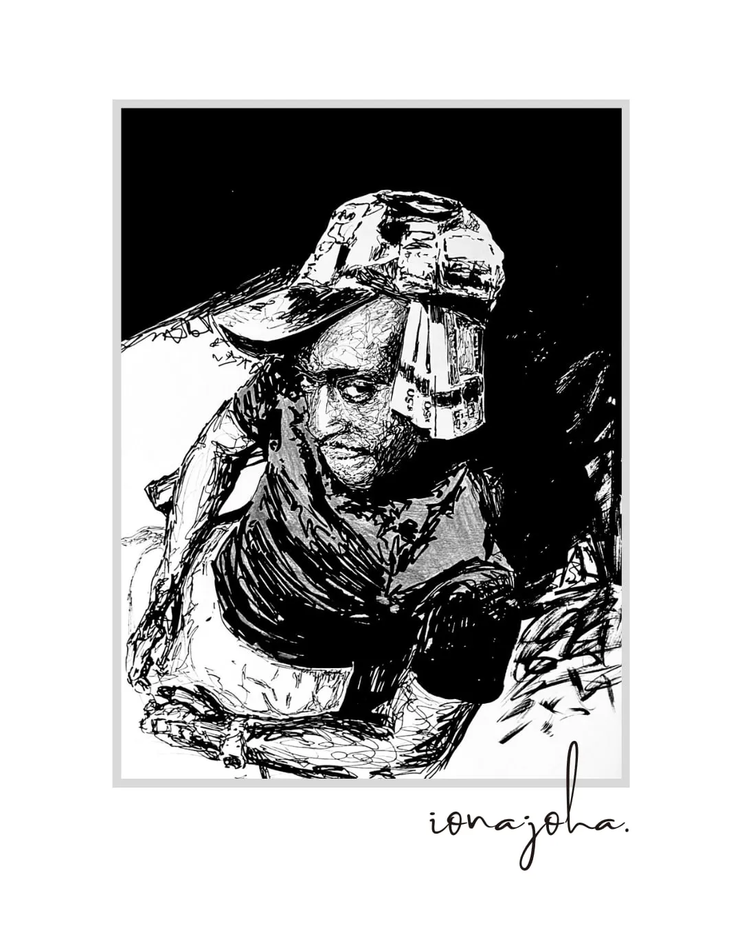 Ink drawing of a figure in a cap, crouching