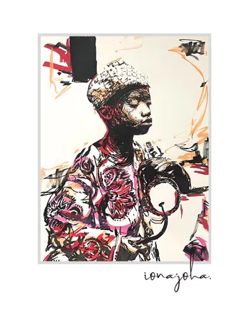 Portrait of a child in a knitted hat and patterned clothing, with colour accents