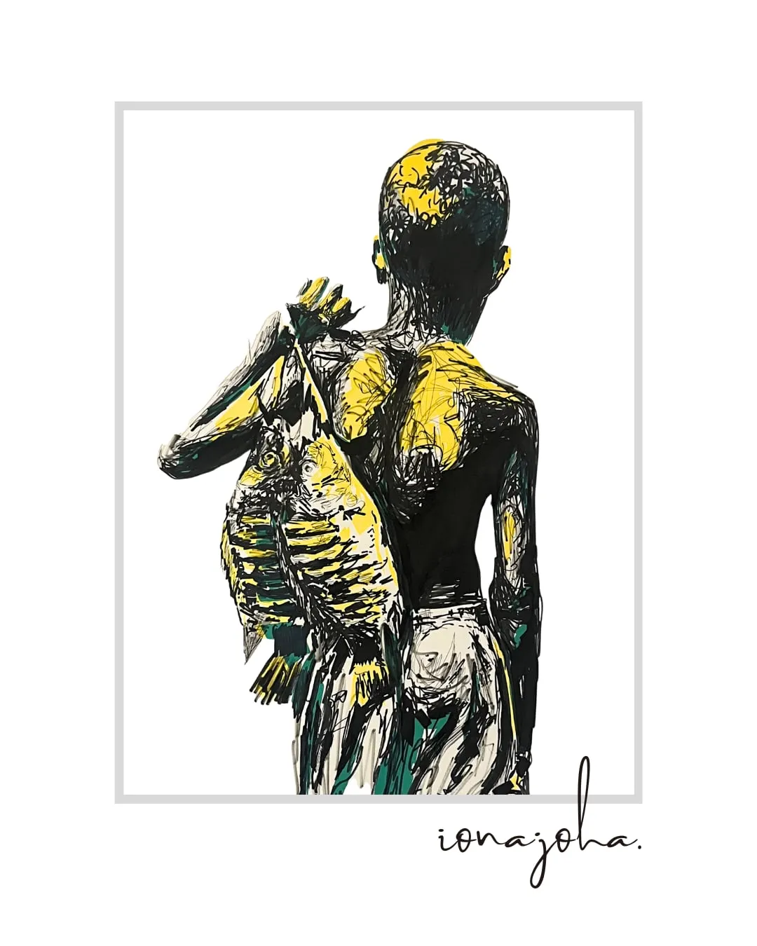 Ink drawing of a figure seen from behind carrying a bundle, with yellow accents
