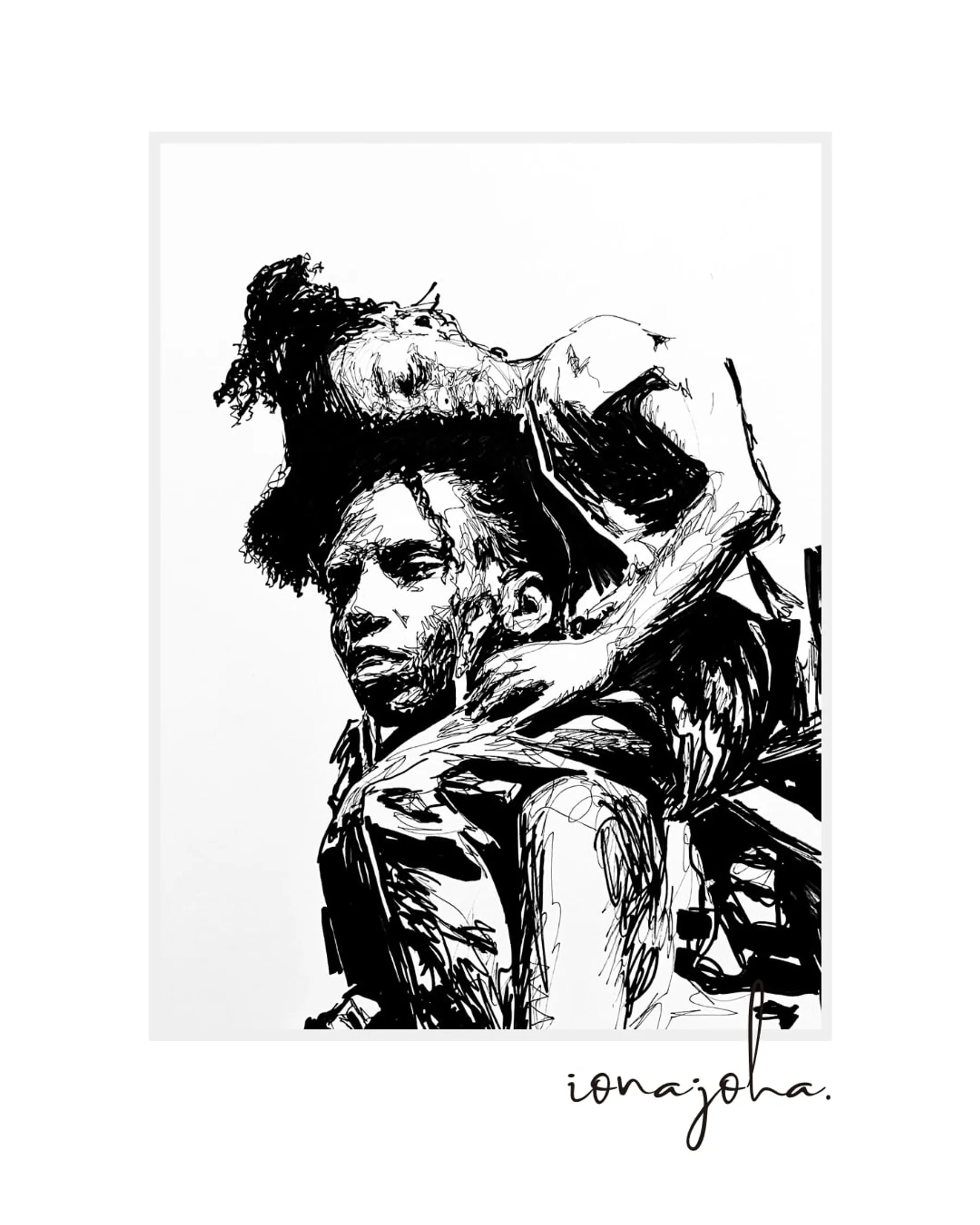 Ink drawing of a figure carrying a child on their back