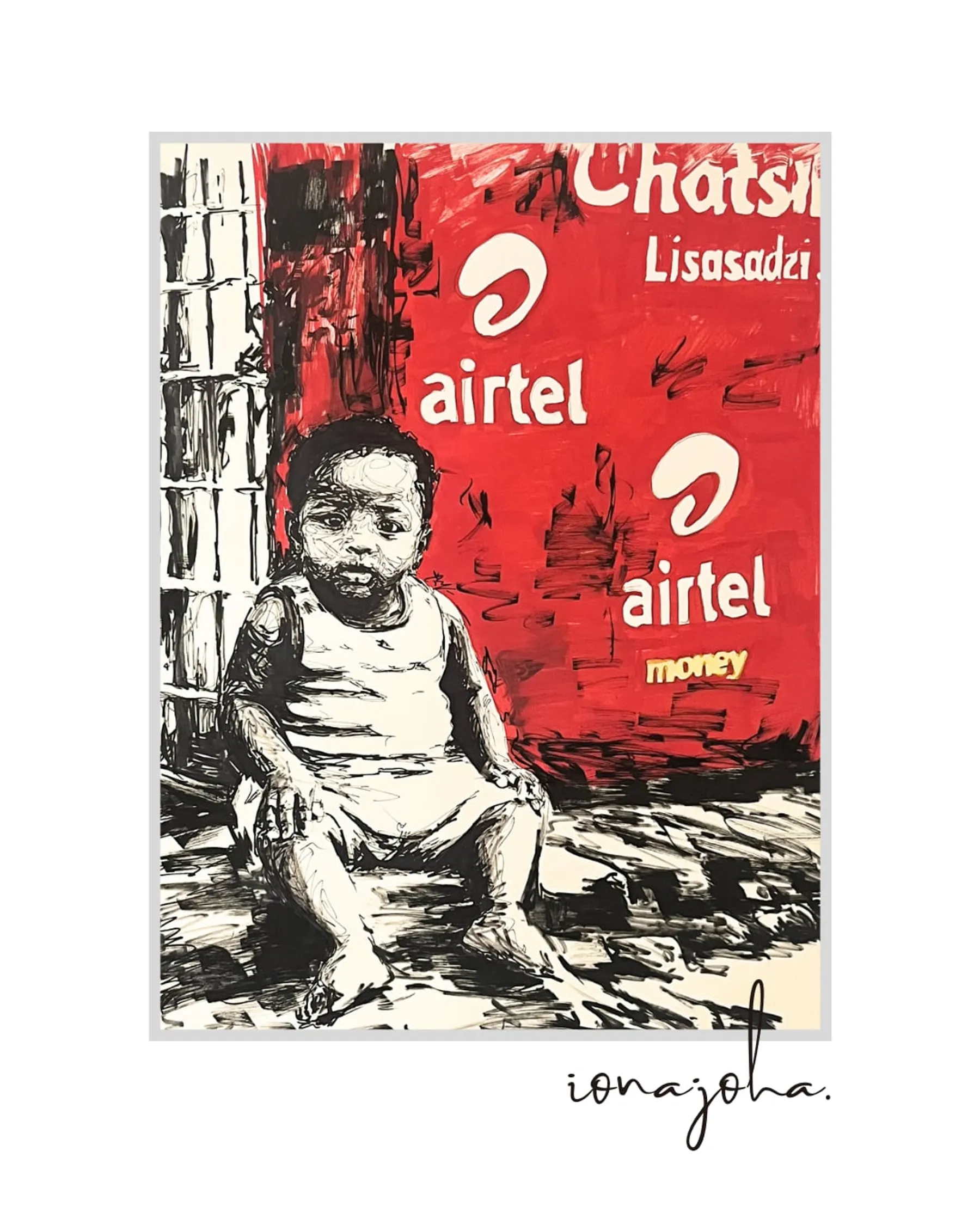 Drawing of a toddler seated in front of a red painted wall