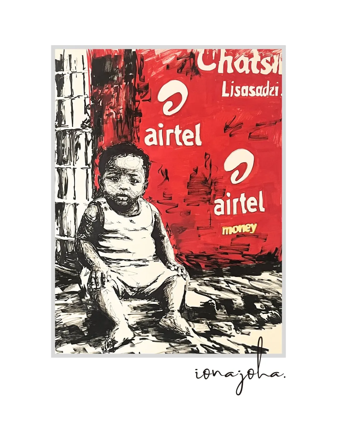 Drawing of a toddler seated in front of a red painted wall
