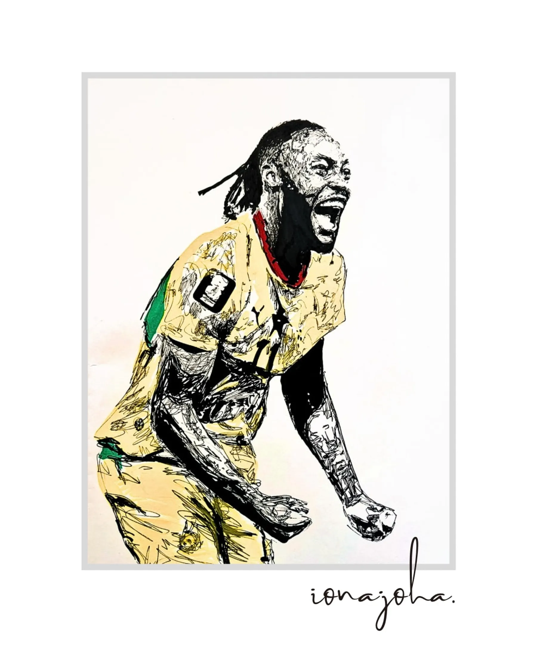 Drawing of a footballer celebrating in a yellow kit