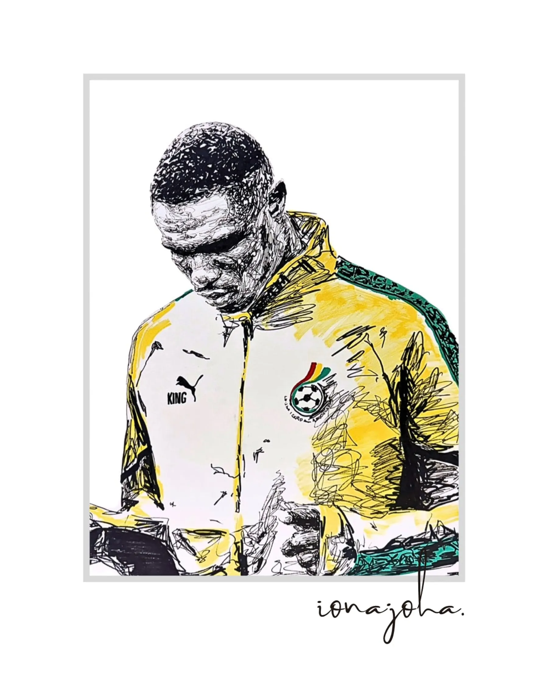 Drawing of a footballer in a yellow tracksuit looking down