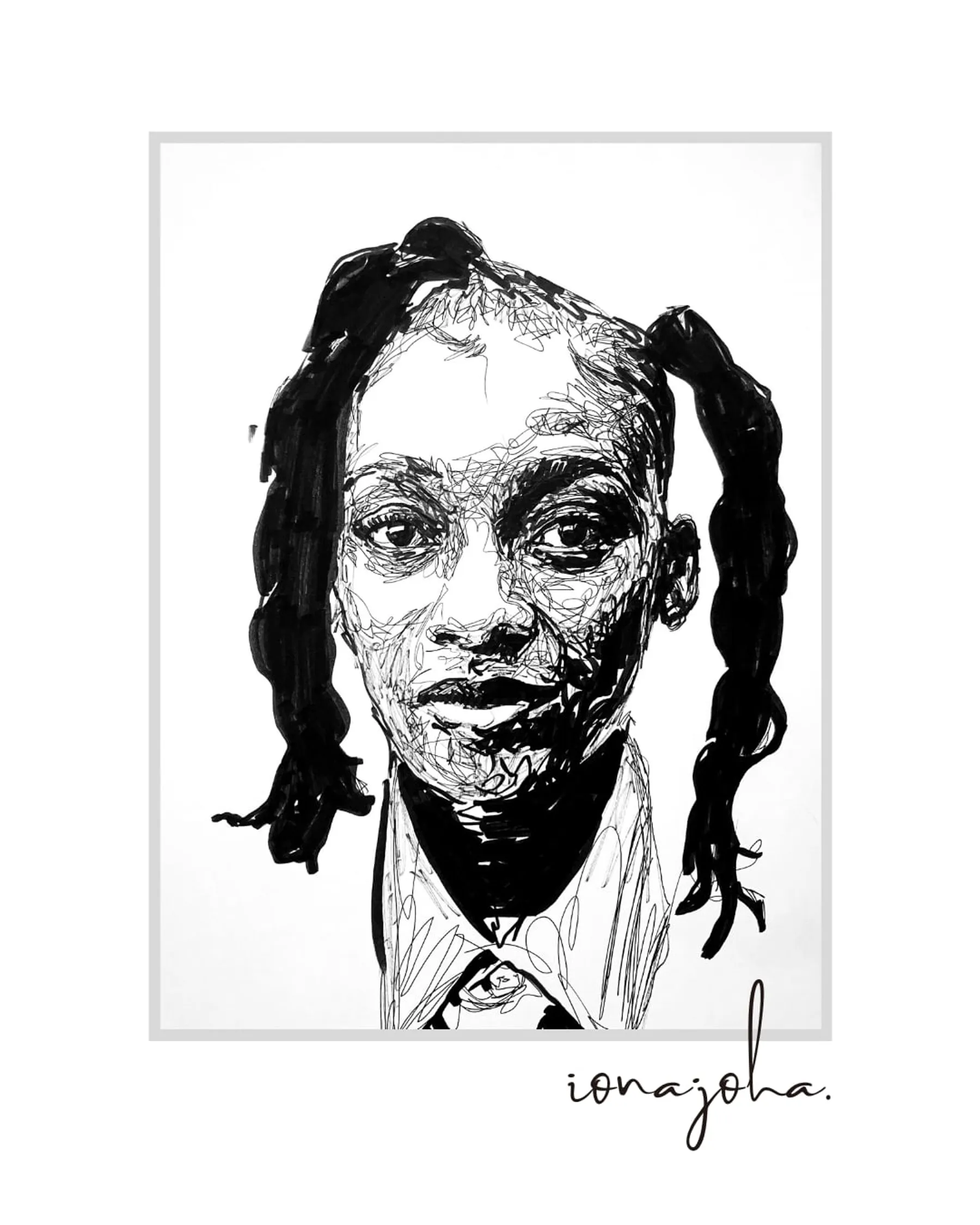 Ink portrait of a woman with long twisted bunches, looking straight ahead