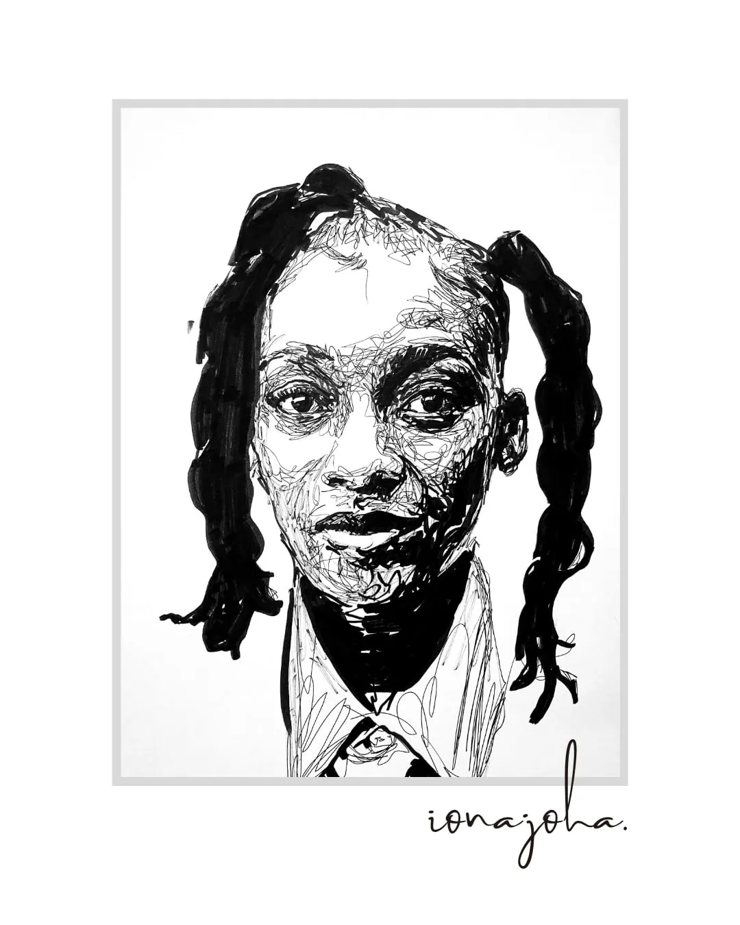 Ink portrait of a woman with long twisted bunches, looking straight ahead