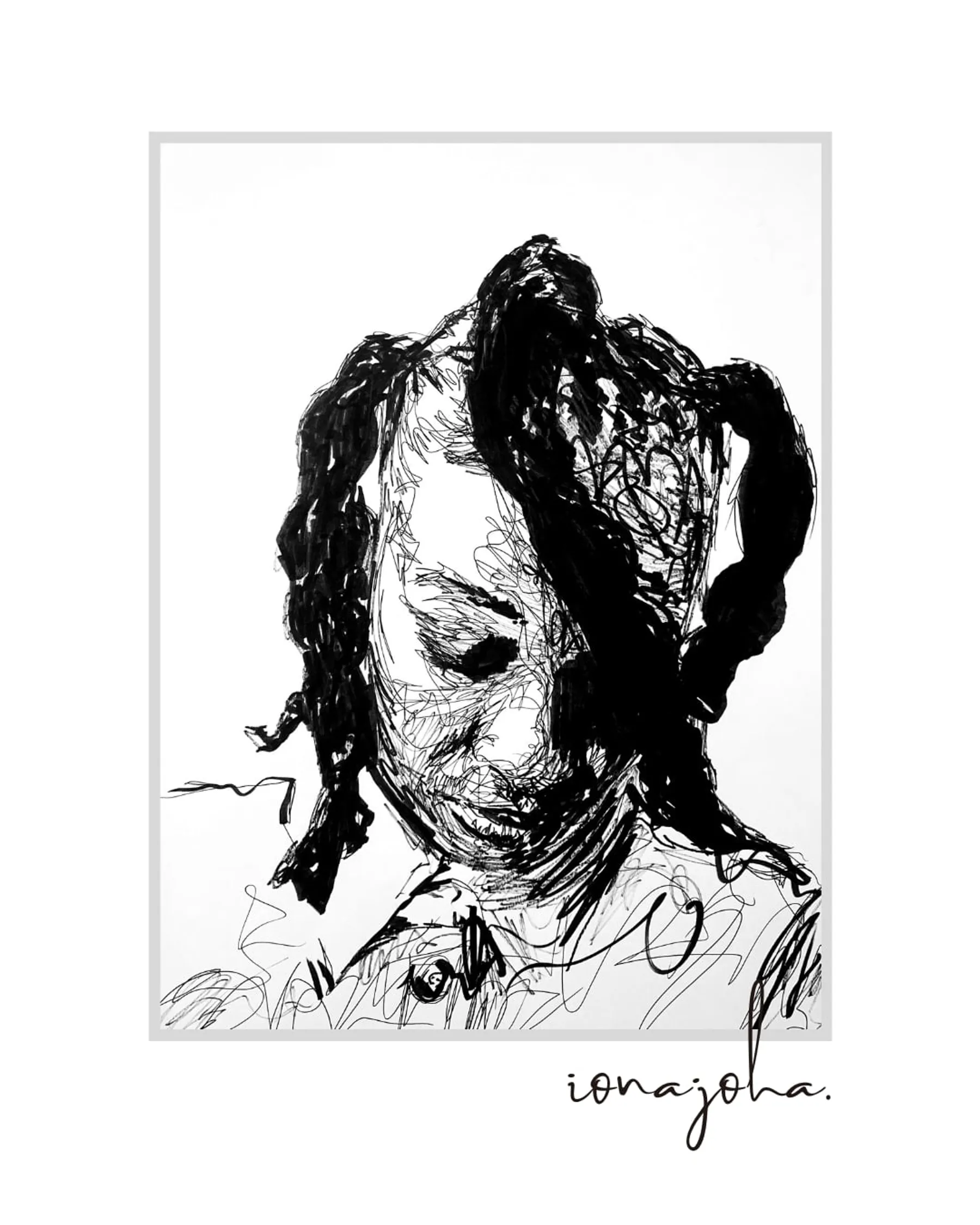 Ink portrait of a woman with long twisted bunches, her head bowed