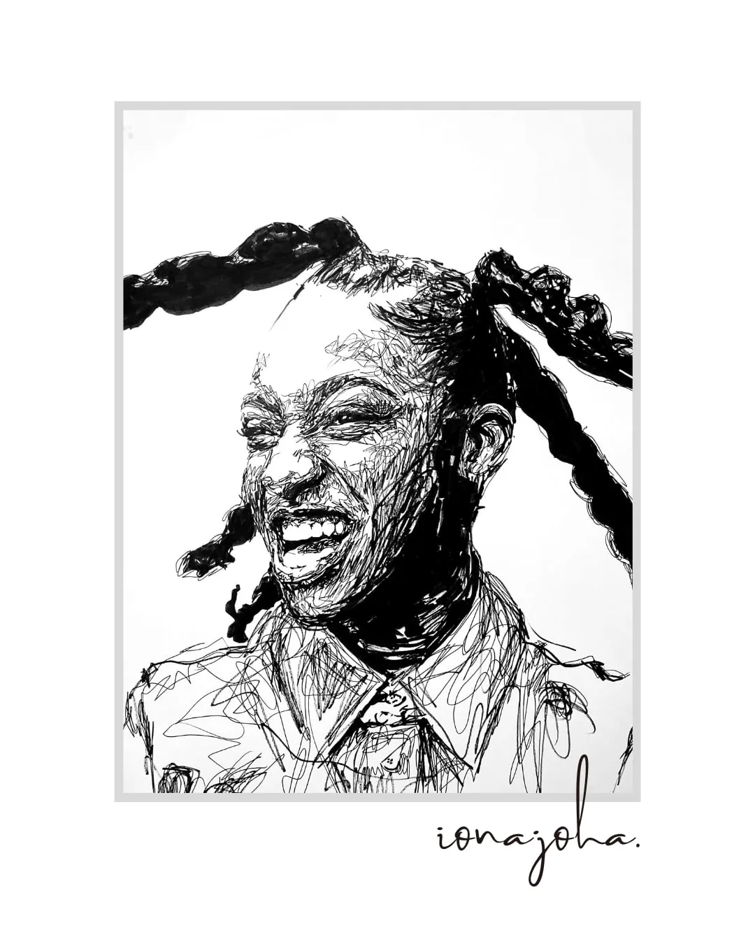 Ink portrait of a woman with long twisted bunches, laughing
