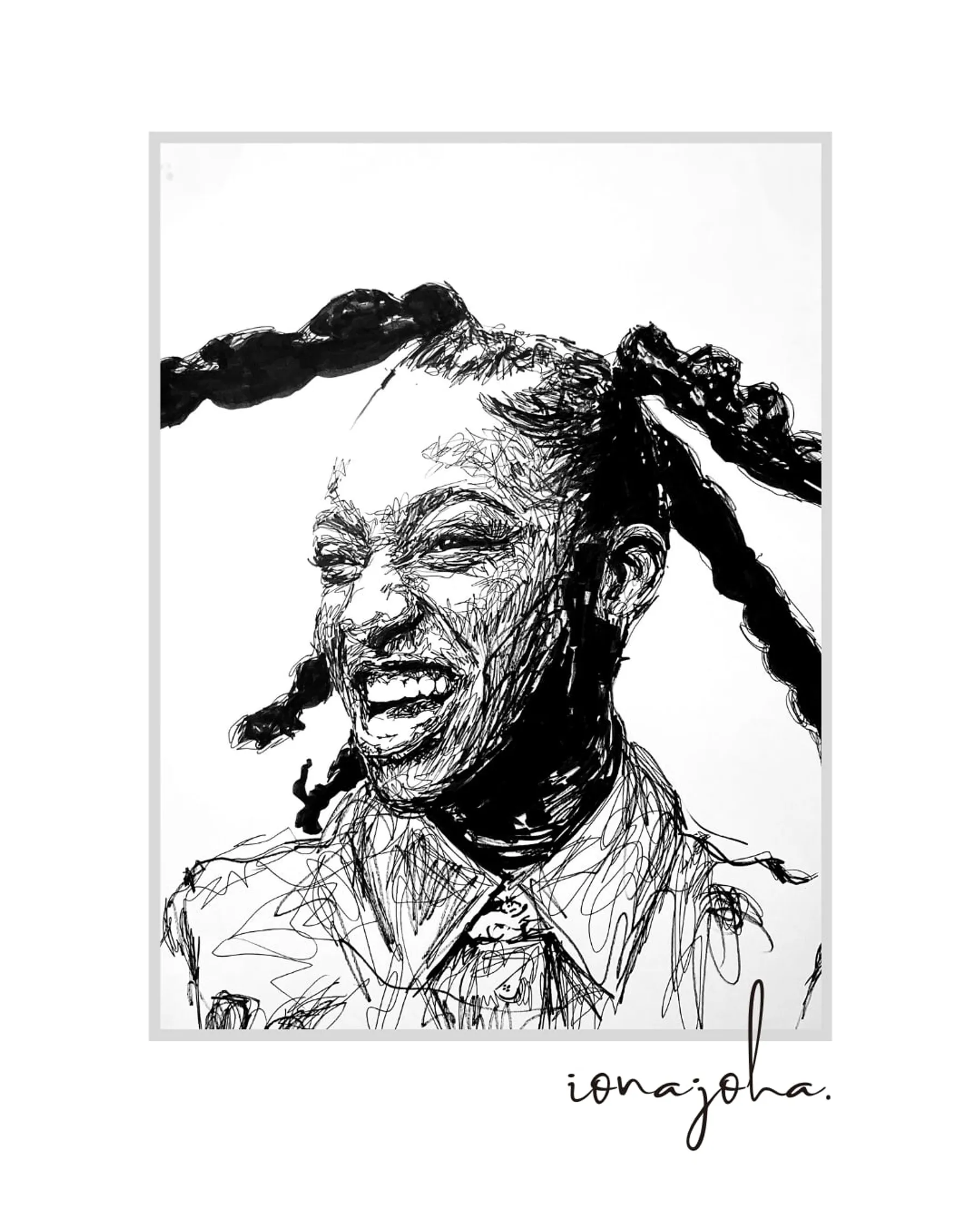 Ink portrait of a woman with long twisted bunches, laughing