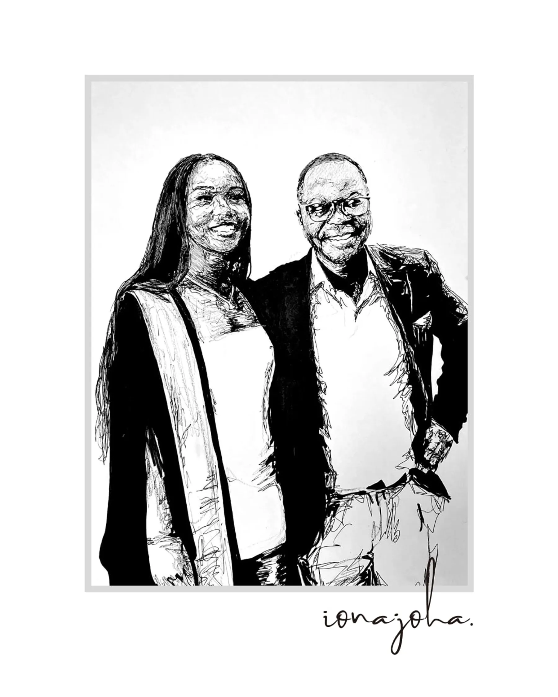 Ink drawing of a smiling father and daughter standing side by side
