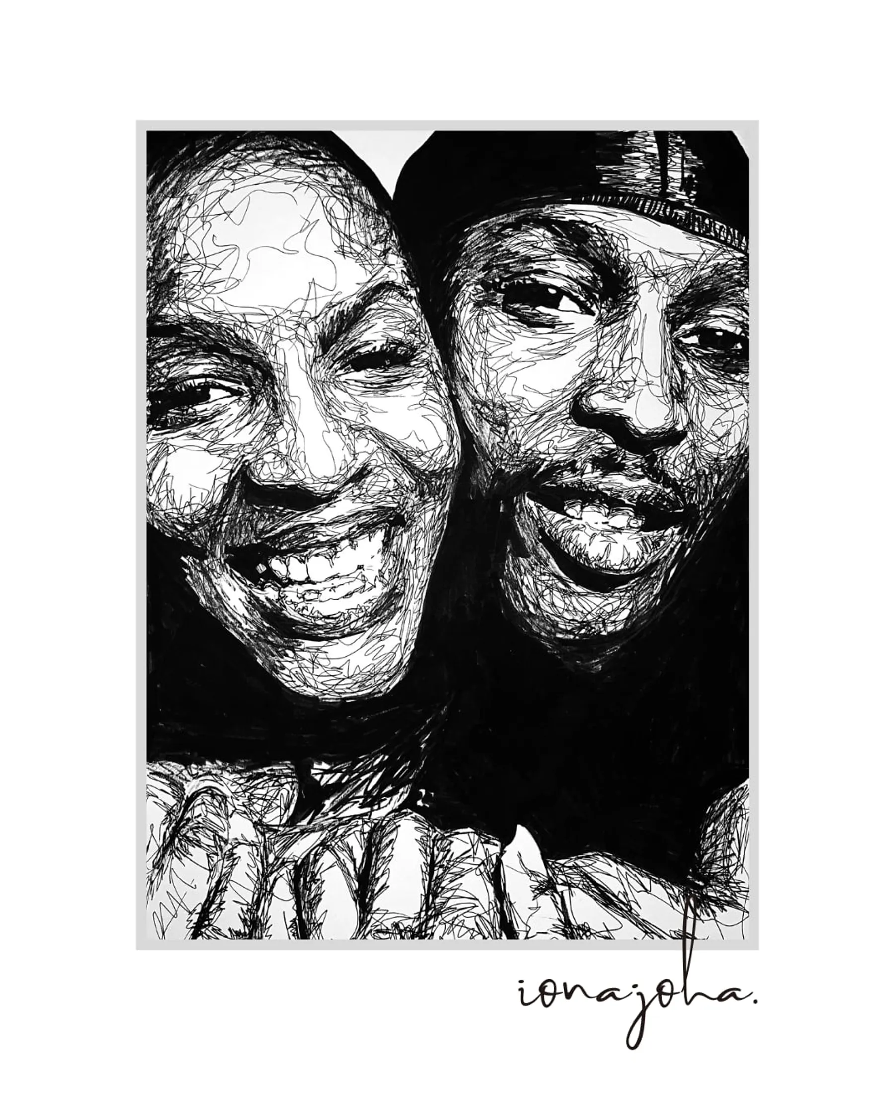Close-up ink portrait of a smiling couple, cheek to cheek