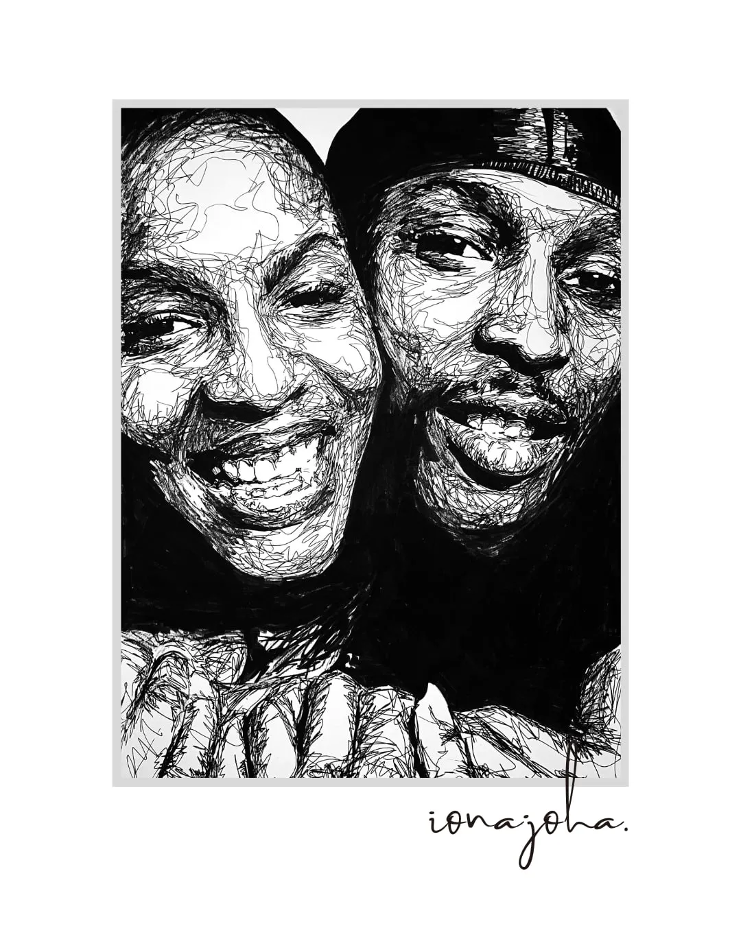 Close-up ink portrait of a smiling couple, cheek to cheek