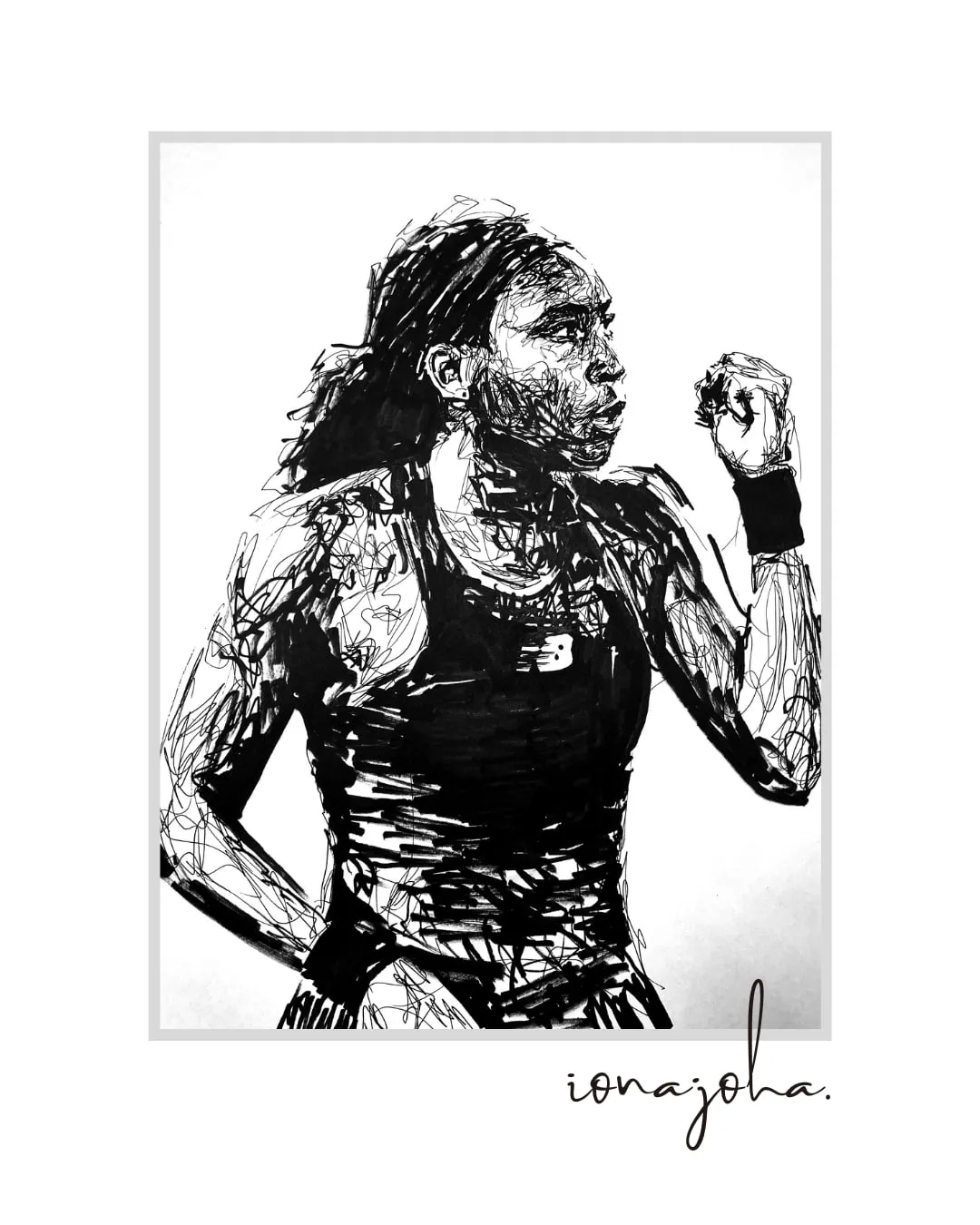 Ink drawing of a tennis player mid-match, fist raised