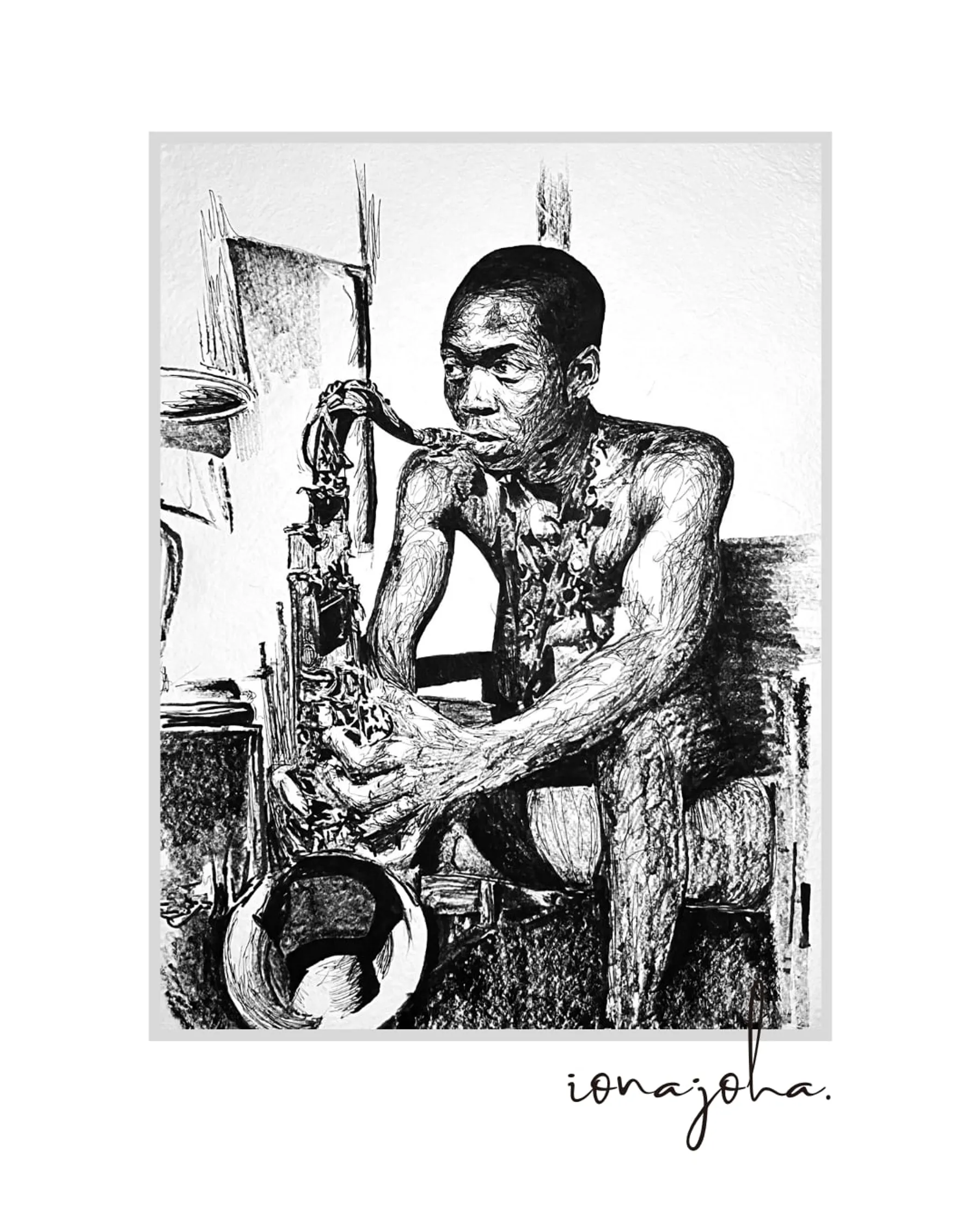 Ink drawing of a shirtless musician seated with a saxophone