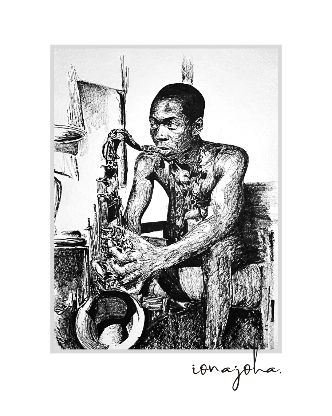 Ink drawing of a shirtless musician seated with a saxophone