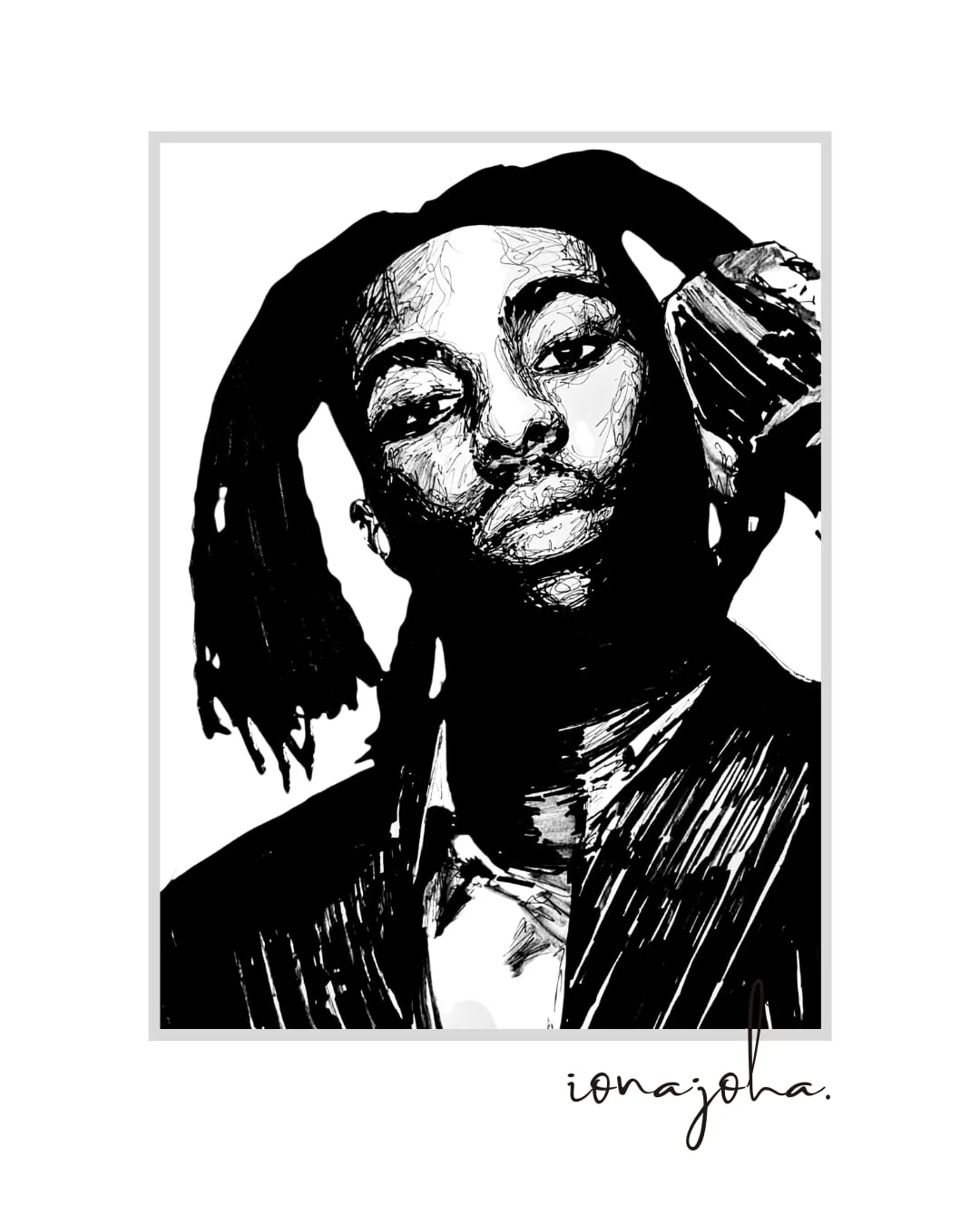 Ink portrait of a young man with locs