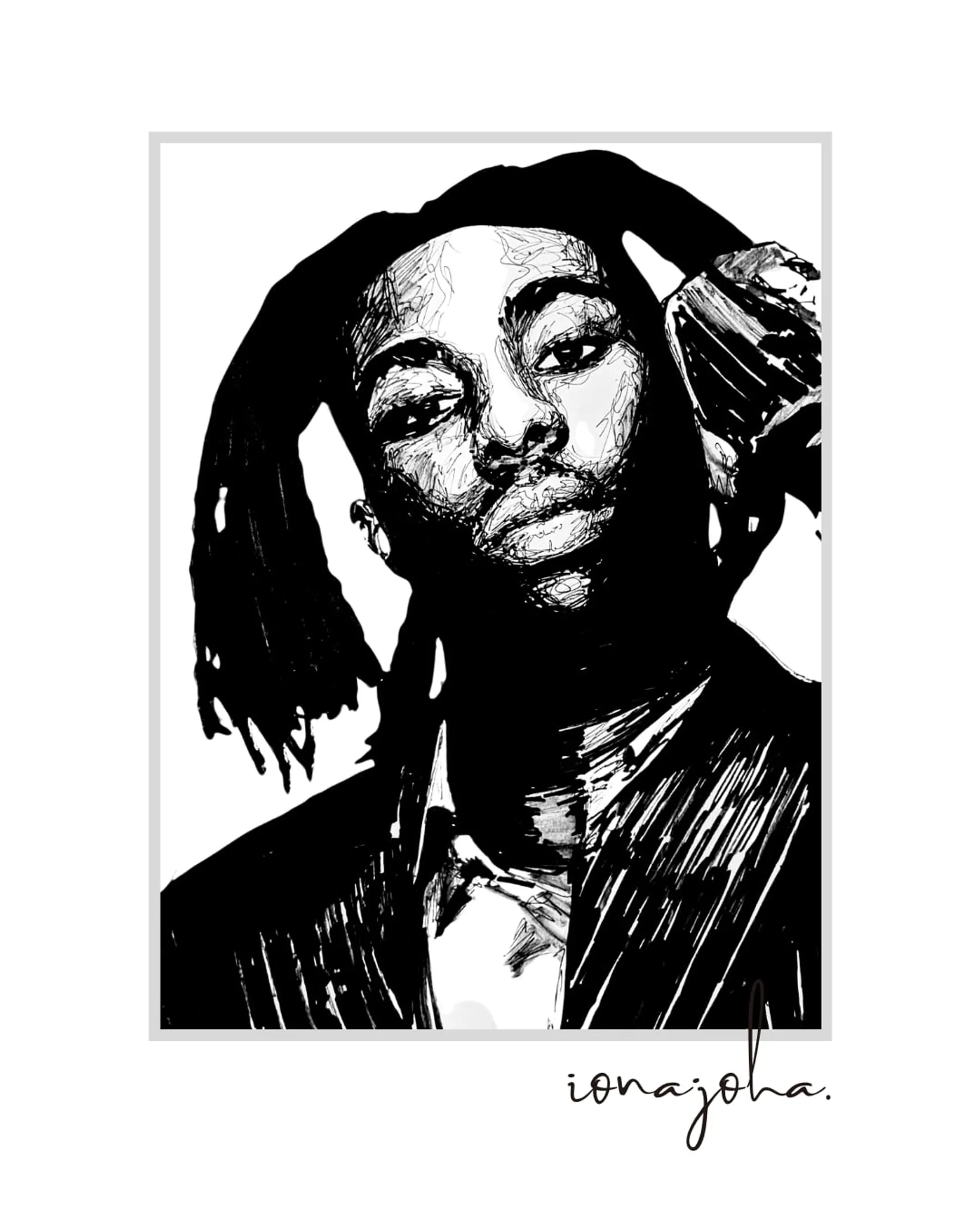 Ink portrait of a young man with locs