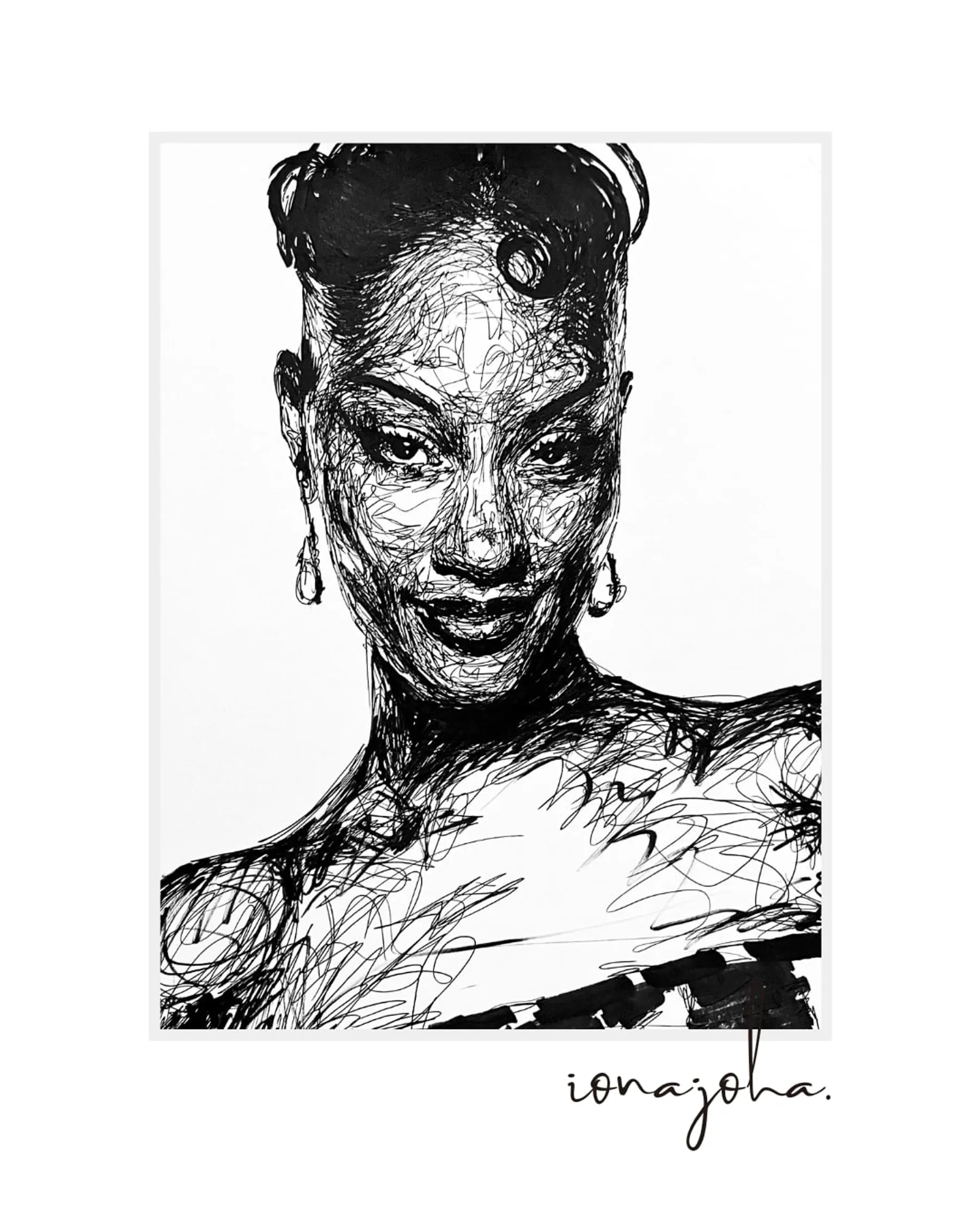Ink portrait of a woman with an upswept hairstyle and drop earrings, smiling