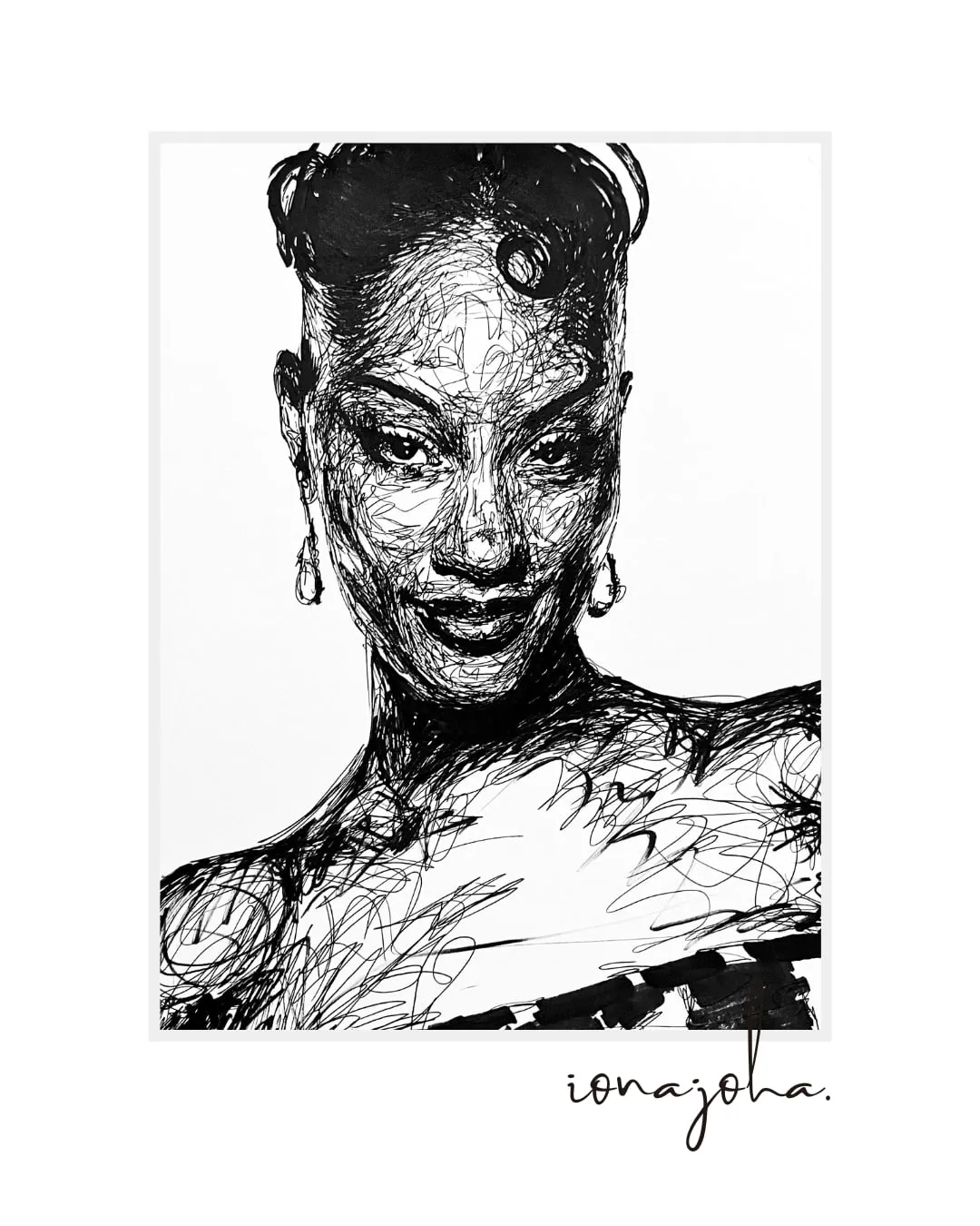 Ink portrait of a woman with an upswept hairstyle and drop earrings, smiling