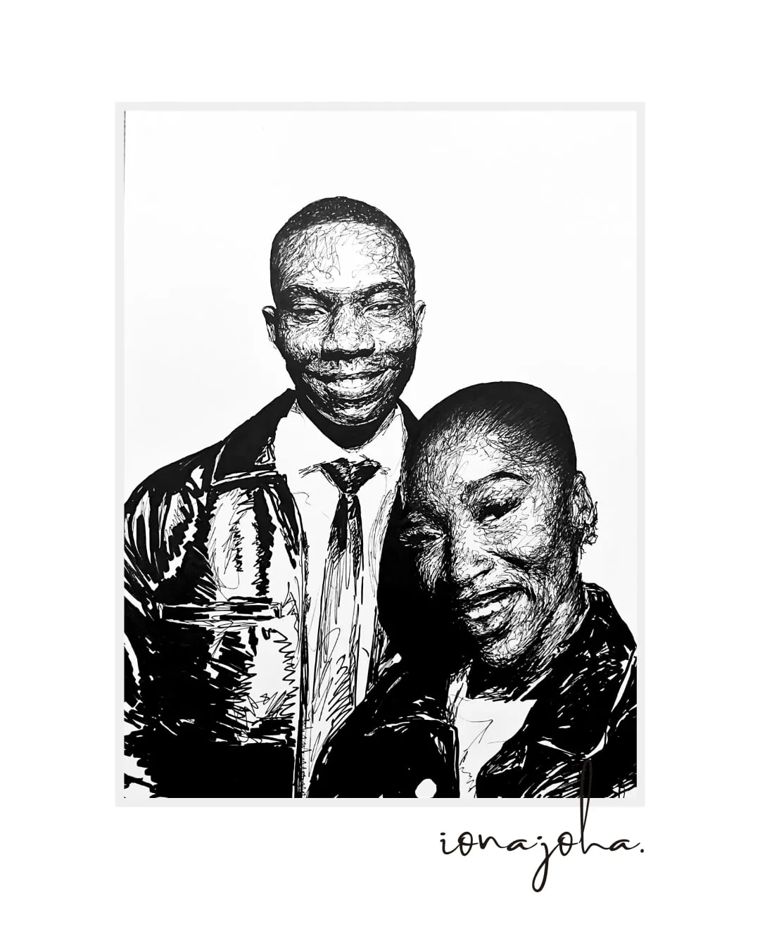 Ink drawing of a couple embracing, the man in a suit and tie