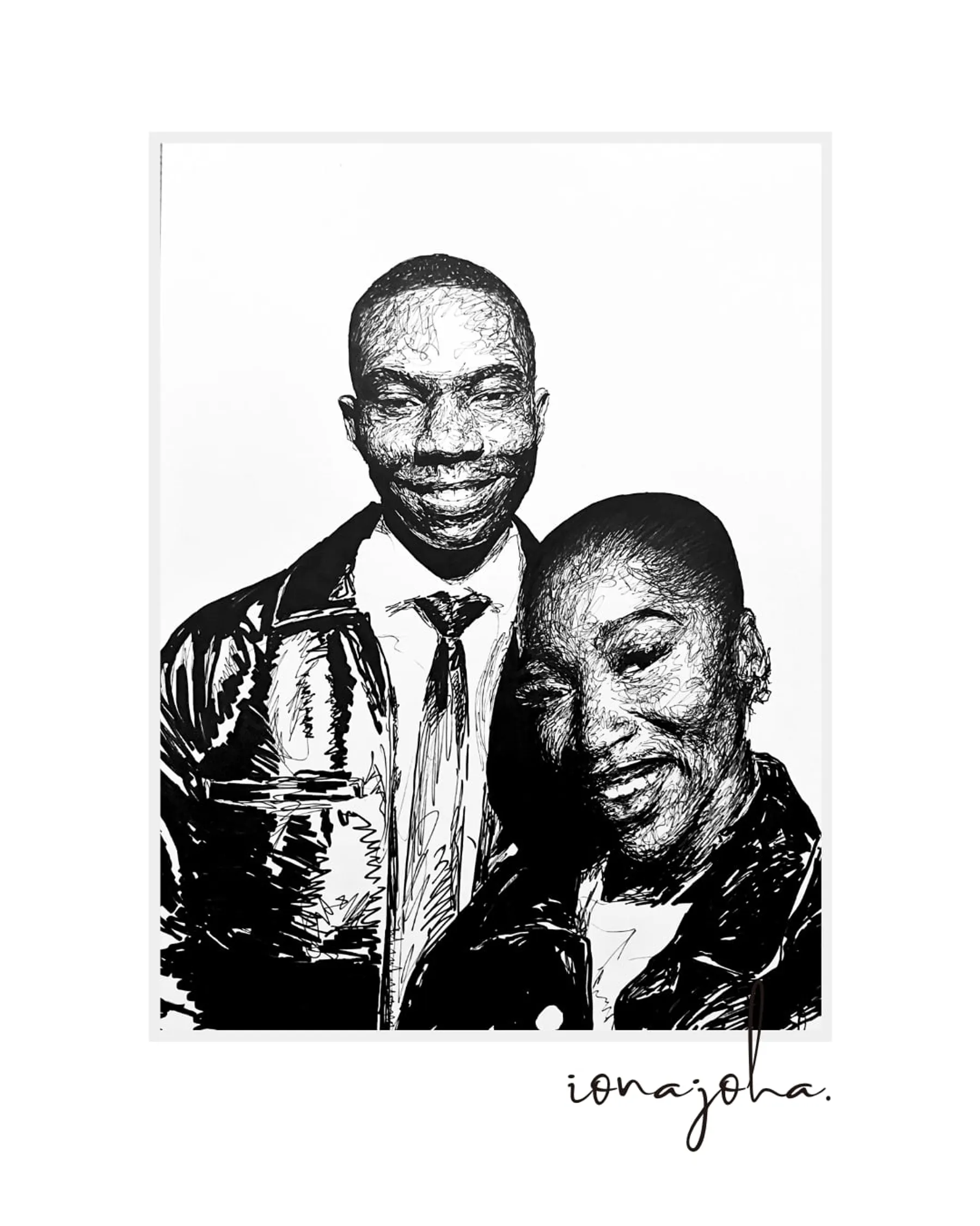 Ink drawing of a couple embracing, the man in a suit and tie